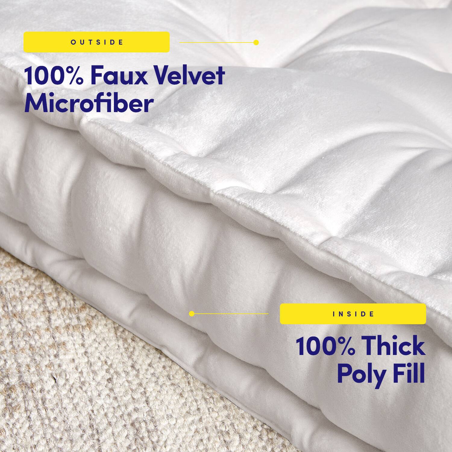 OUTSIDE  
100% Faux Velvet Microfiber  

INSIDE  
100% Thick Poly Fill