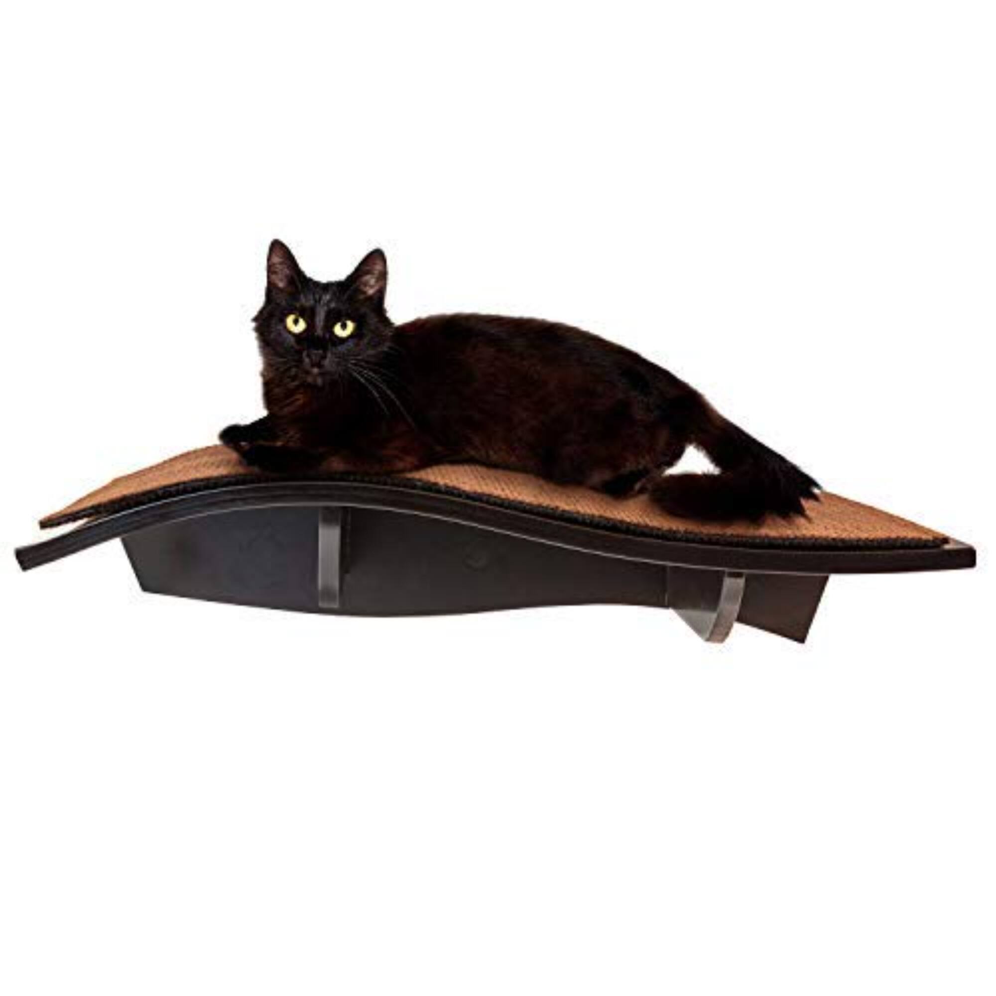 Front. Arf Pets - Cat Shelf, Wall-Mounted Curved Wooden Cat Perch - Holds Cats Up to 44 Lb - Brown.
