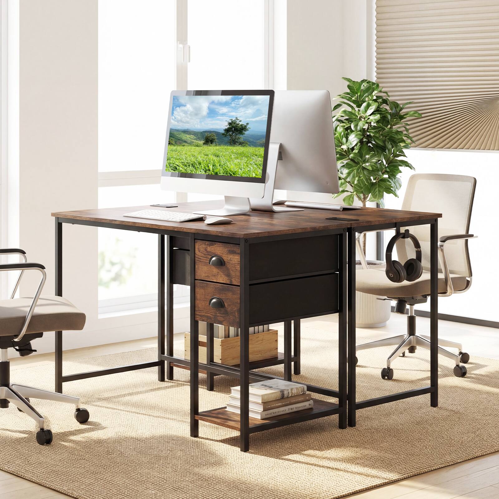 Alt View 5. Costway - Costway Computer Desk with Charging Station, 2 Fabric Drawers, Storage Shelf Headphone Hook - Rustic Brown & Black.