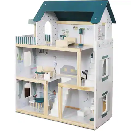 Front. Lil' Jumbl - Kids Wooden Dollhouse, 3 Story Small Doll House with Stairs, Accessories & Furniture - Green.