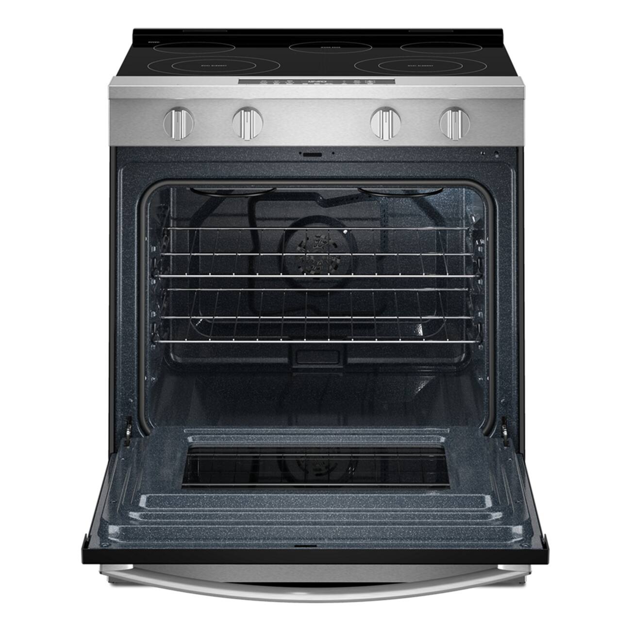 Angle. Whirlpool - 30 in. Wide 5 elements 5.3 cu. ft. Slide-In Electric Range with No Preheat and Slow Cook Modes - Stainless Steel.
