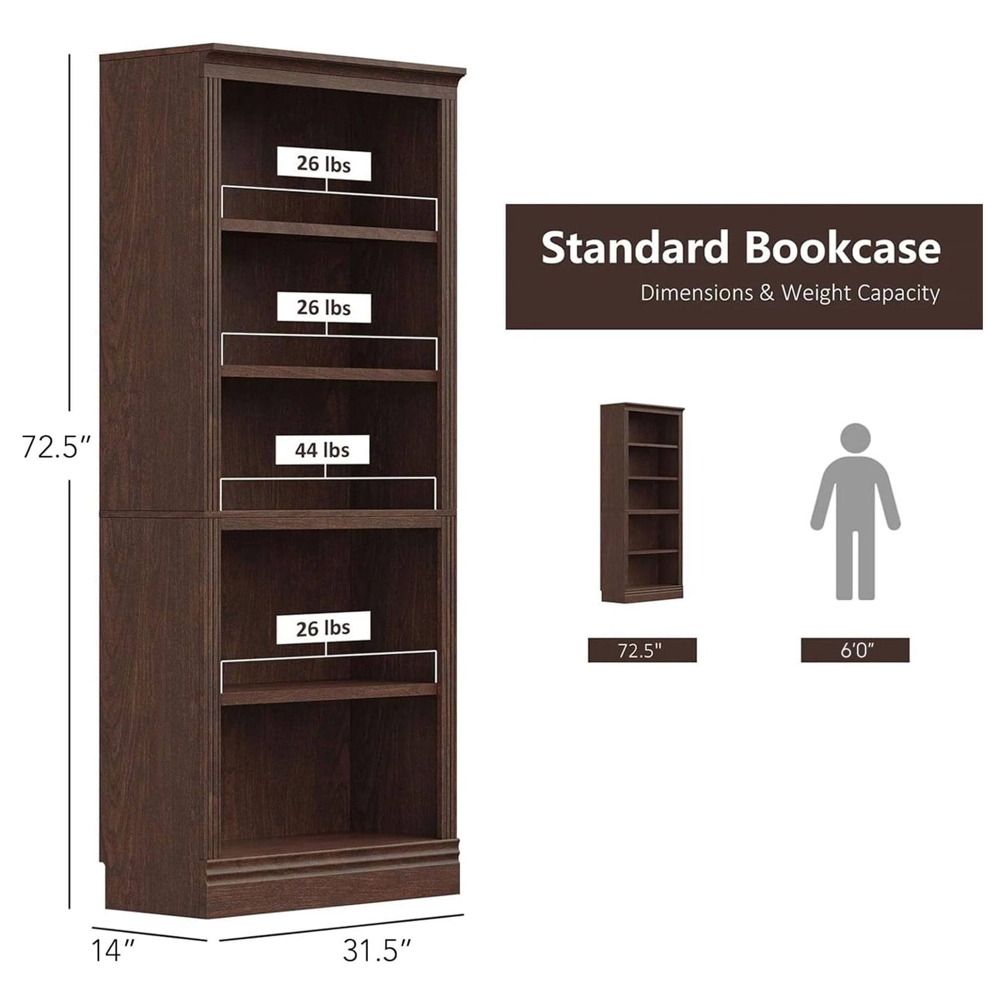 Standard Bookcase  
Dimensions & Weight Capacity  

- Height: 72.5"  
- Width: 14"  
- Depth: 31.5"  

- Shelf 1: 26 lbs  
- Shelf 2: 26 lbs  
- Shelf 3: 44 lbs  
- Shelf 4: 26 lbs  

- Overall Height: 72.5"  
- Required Clearance: 6'0"