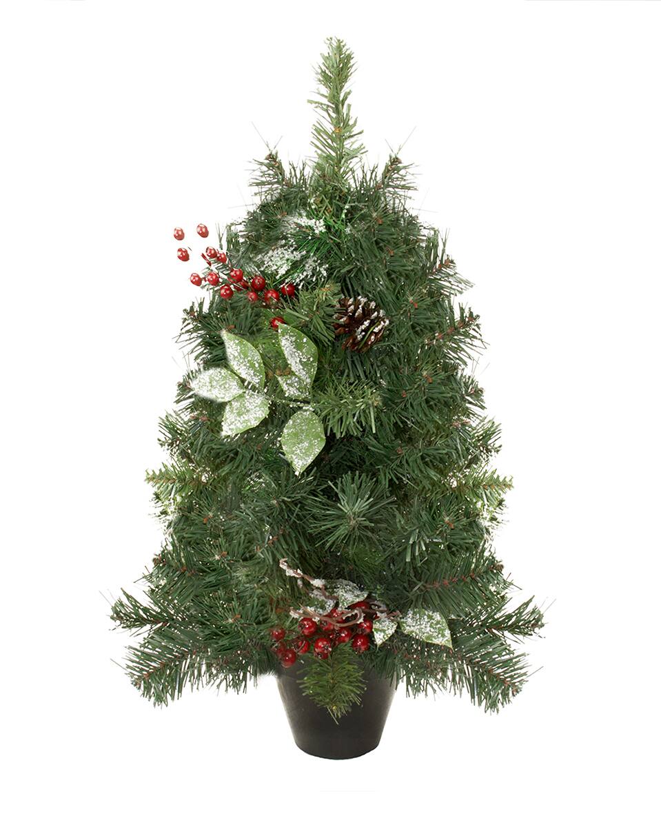 Front. Northlight - Frosted Pinecone and Berry Medium Artificial Potted Christmas Tree - 2' - Unlit - Green.