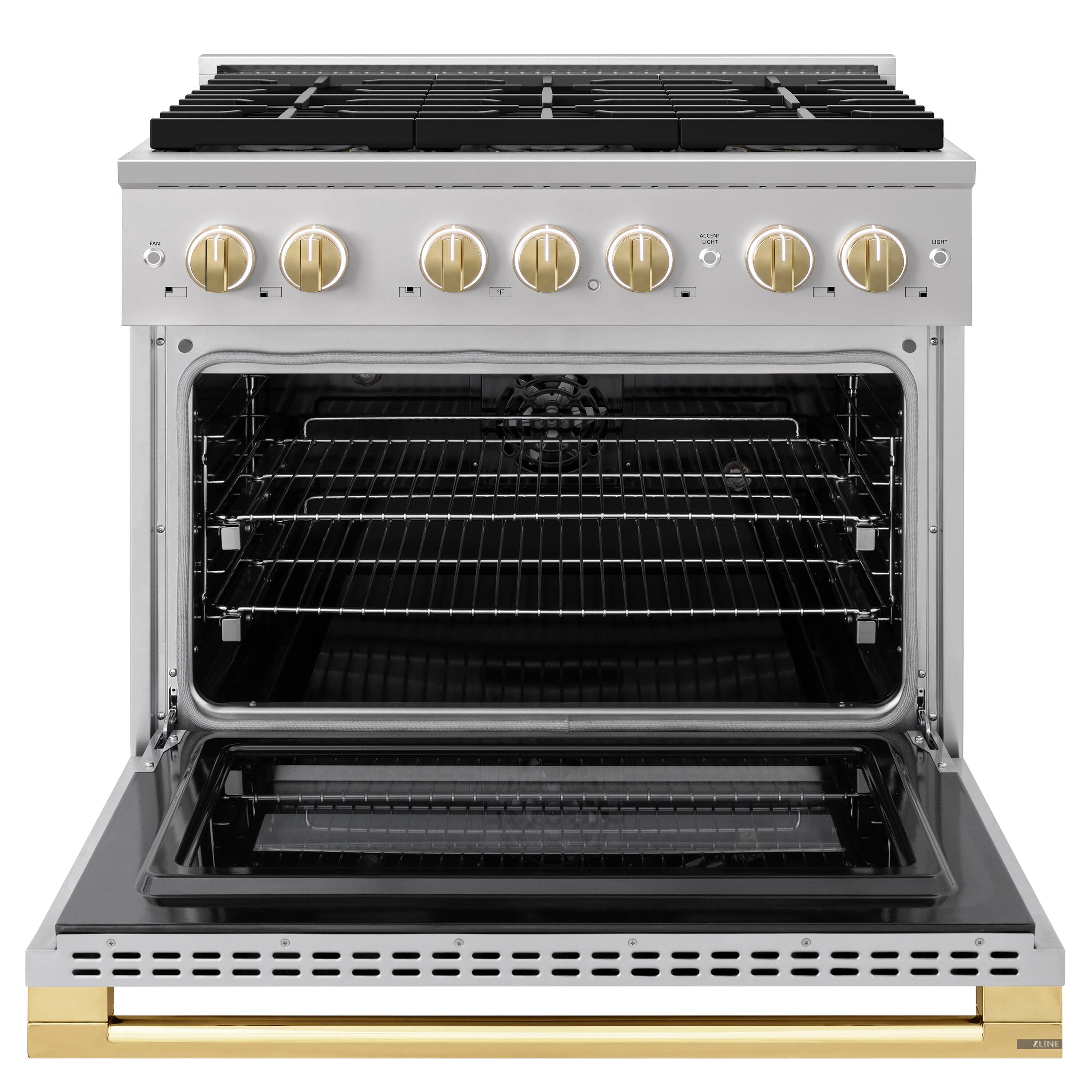Angle. ZLINE - Autograph 36 in. 5.2 cu. ft. Marino Freestanding DuoPro Dual Fuel Range with Convection Oven & Gold Accents - Stainless Steel.