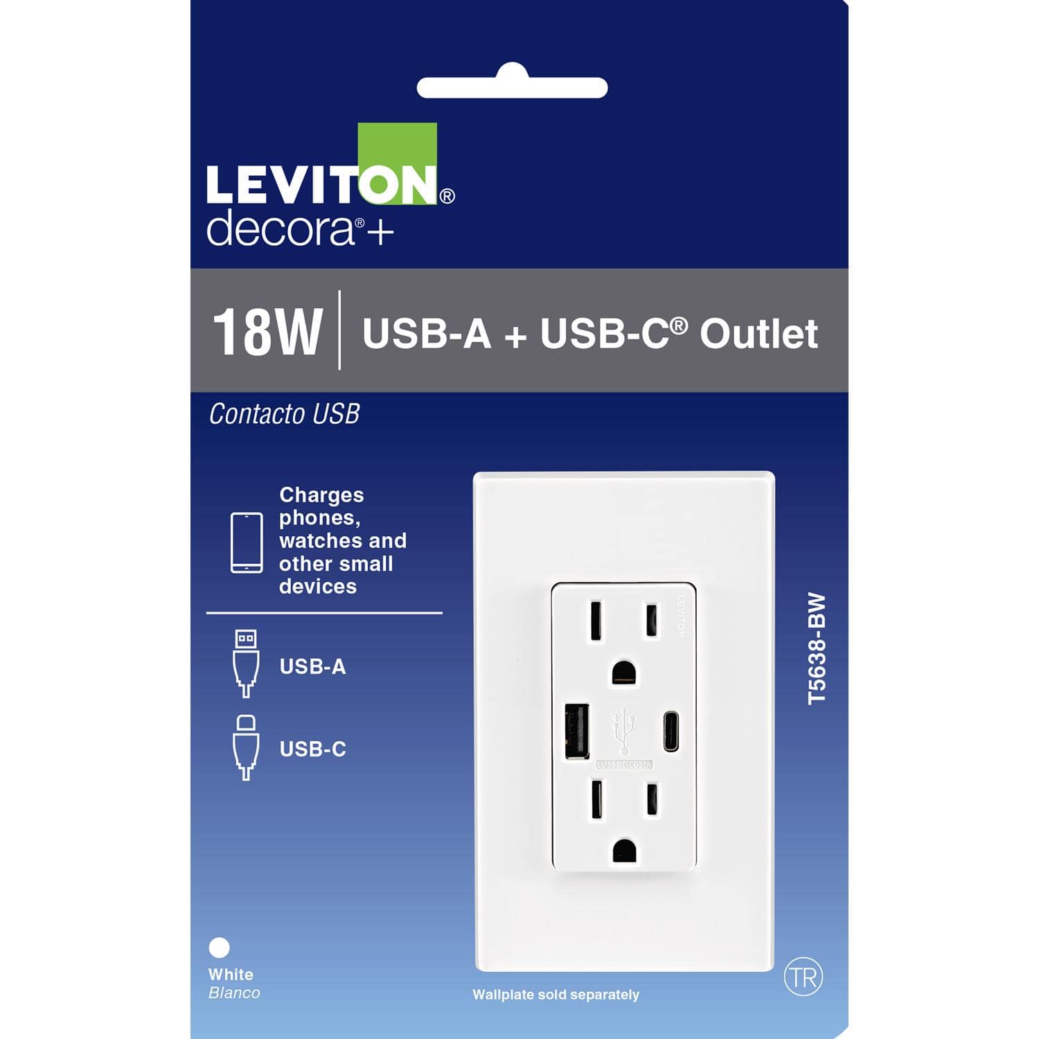 Leviton - Decora 15 amps 125 V Type A/C Duplex Outlet and USB Charger 5-15R 1 pk - White