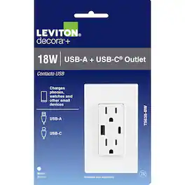 Leviton - Decora 15 amps 125 V Type A/C Duplex Outlet and USB Charger 5-15R 1 pk - White