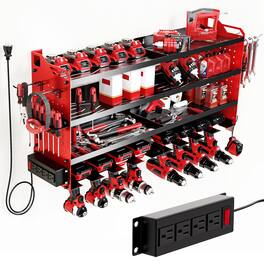 HAUSOURCE - 33.46 in. RED Steel 4-Tier Power Tool Organizer Wall Mount Tool Storage Rack Shelves Workbench with Side Pegboards - Red