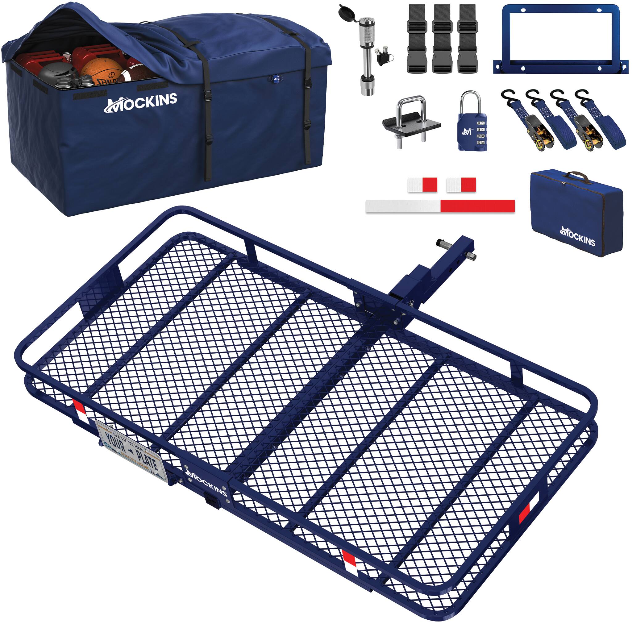 Mockins - 60 in. x 30 in. x 6 in. Navy Trailer Hitch Cargo Carrier w/ 30 Cu Ft. Cargo Bag, License Plate Holder and Accessories