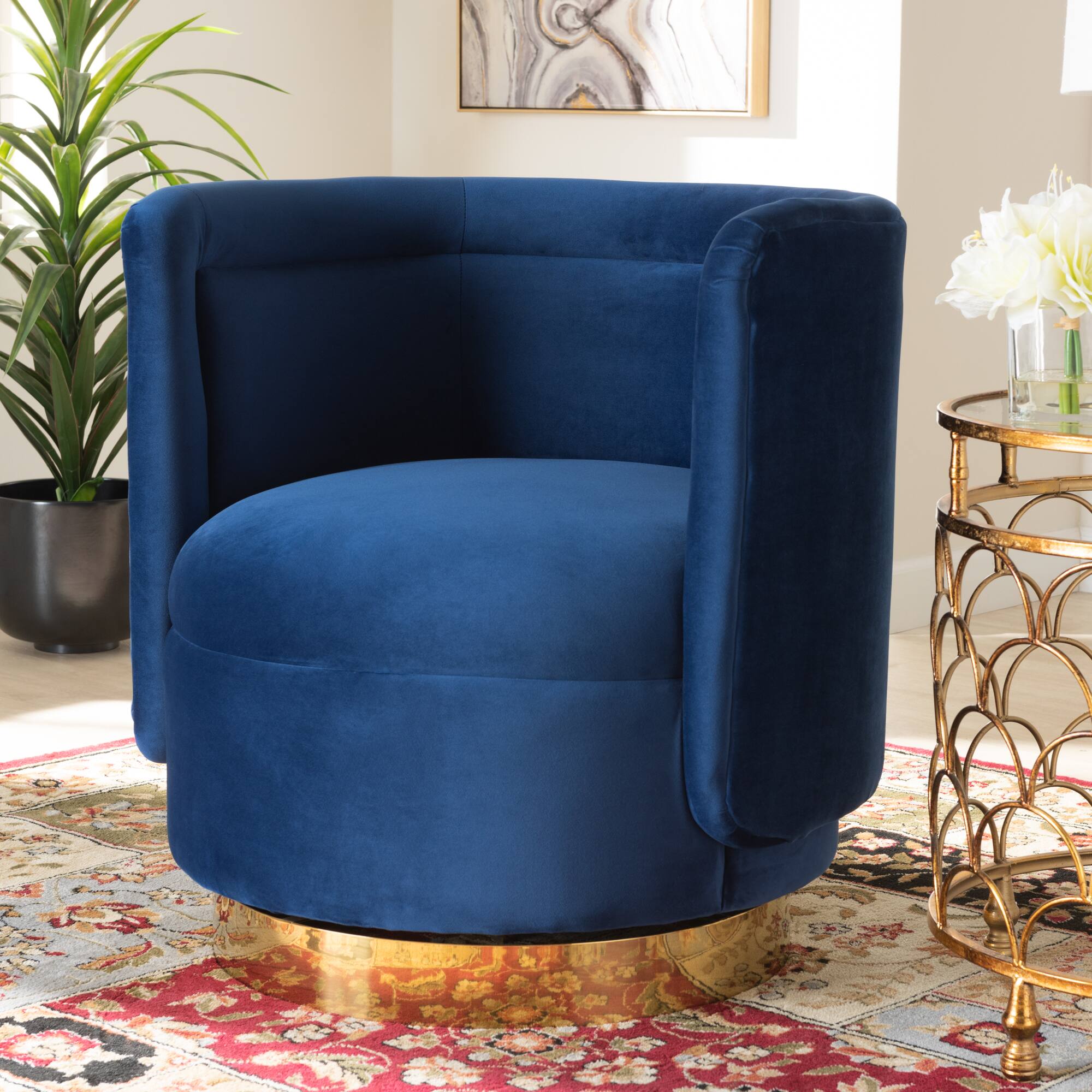 Alt View 2. Baxton Studio - Saffi Glam and Luxe Velvet Fabric Upholstered Gold Finished Swivel Accent Chair - Royal Blue/Gold.