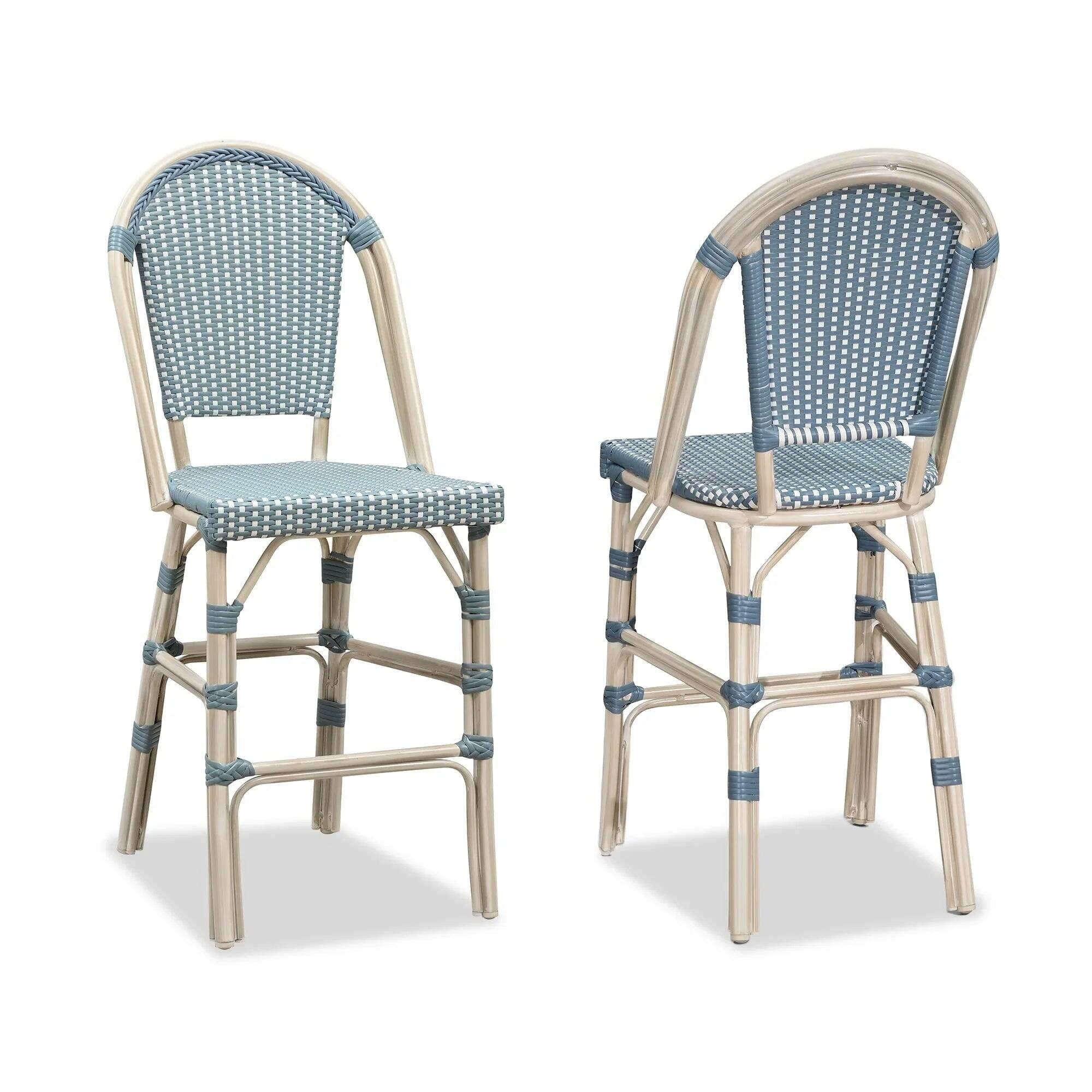 PURPLE LEAF - French Bar Height Bar Stool Set of 2 Patio Bar Chairs with Back Rattan Bar Chairs French Bistro Set - White Frame/Light Blue-Bar Stool