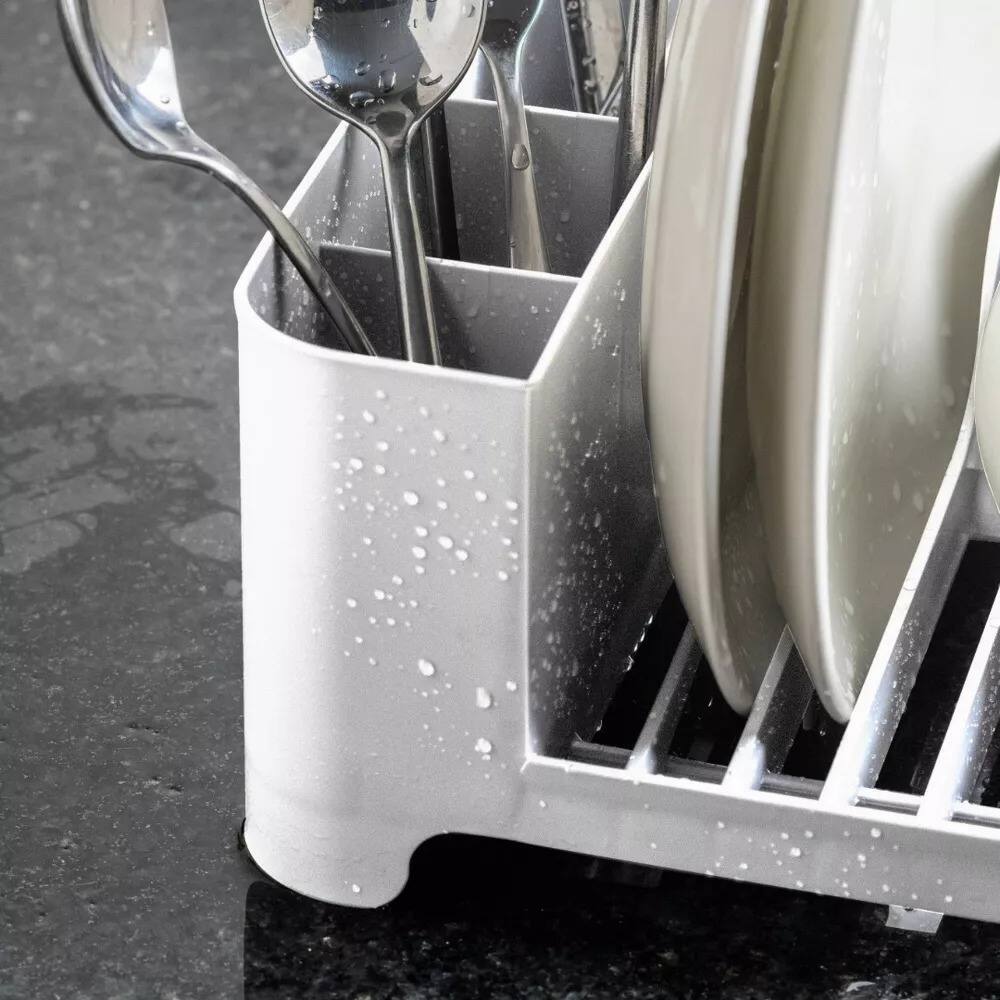 Left. OU - OU Dish Drying Rack, Freestanding Polypropylene Dish Drying Rack with Utensil Holder - 16" x 8" - White - White.