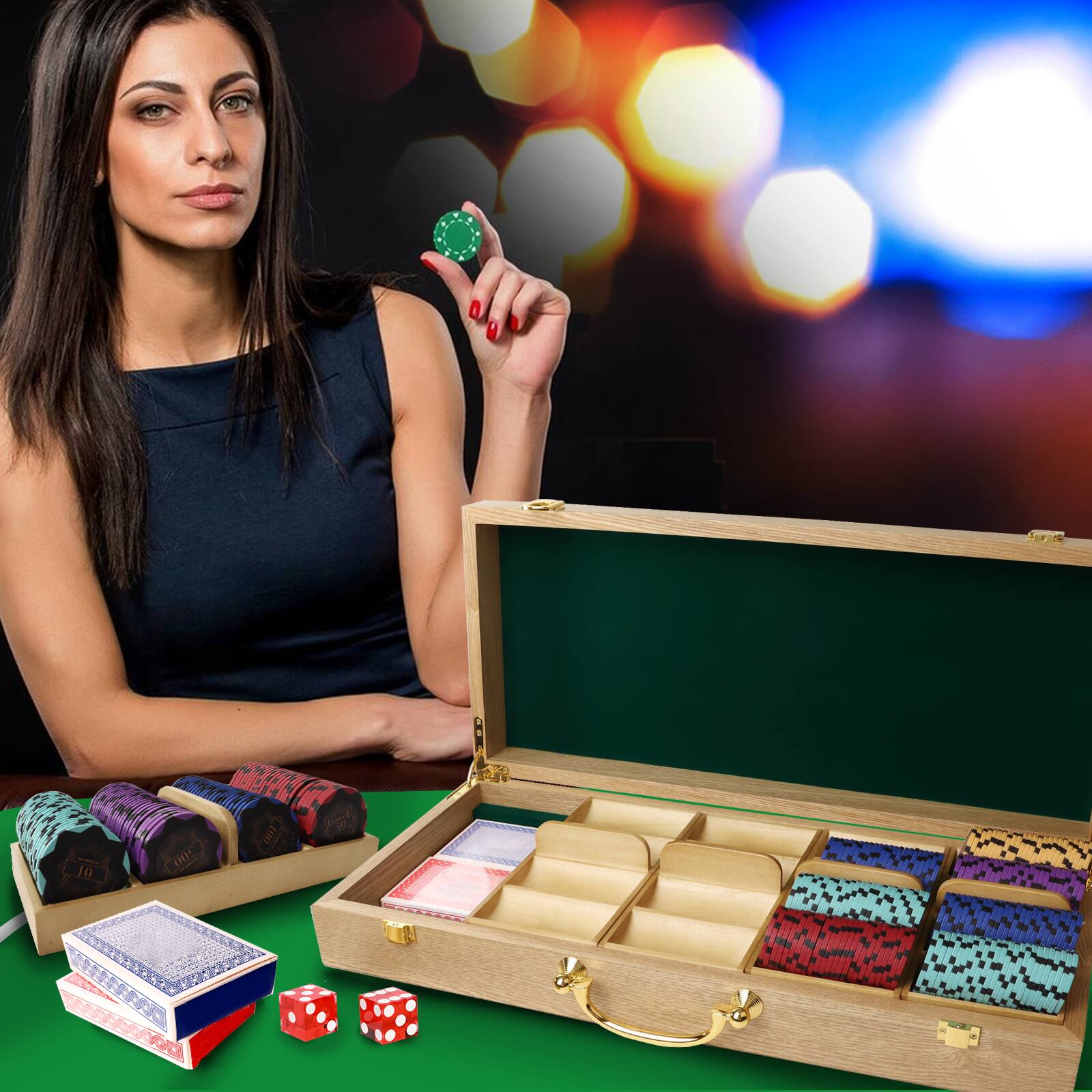 Alt View 1. GSE Games & Sports Expert - Poker Chips Carrier with 5 Wooden Poker Chip Trays for Any Thickness chips, Holds 500 Chips (Oak).