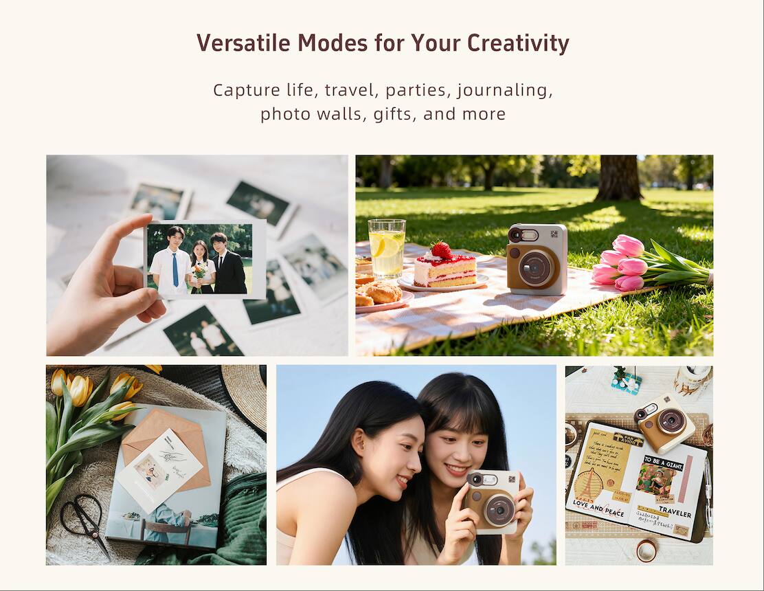 Versatile Modes for Your Creativity  
Capture life, travel, parties, journaling, photo walls, gifts, and more  

CAR  
Work TO BE A GIANT - LOVE AND PEACE  
TRAVELER