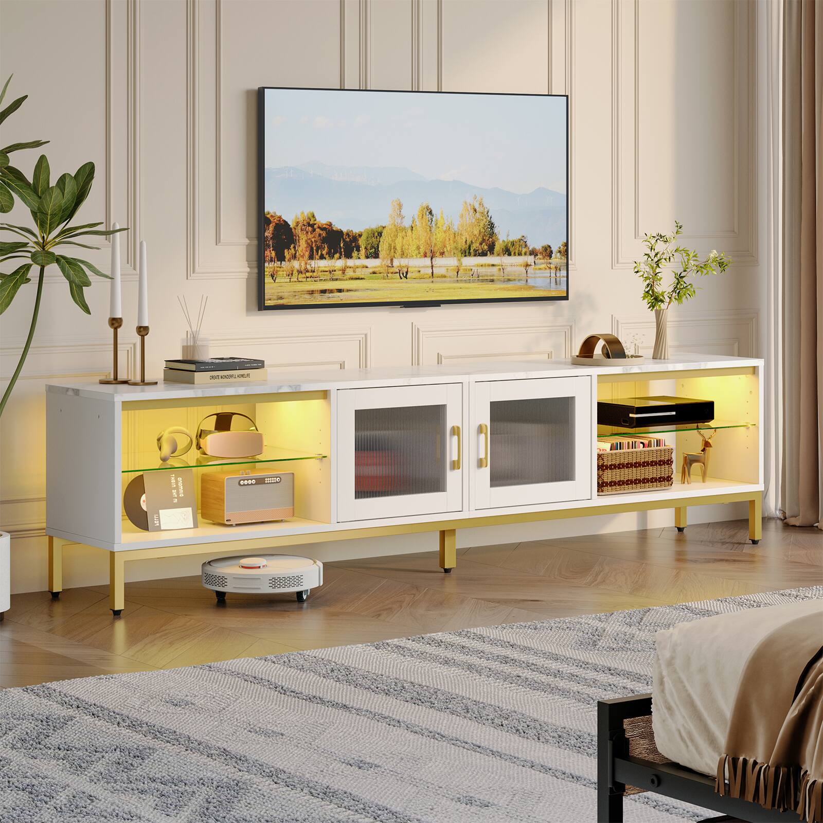 Angle. Bestier - Bestier 80-Inch TV Stand 4-in-1 Gaming Entertainment Center with LED Lights Modern Media Console - White.