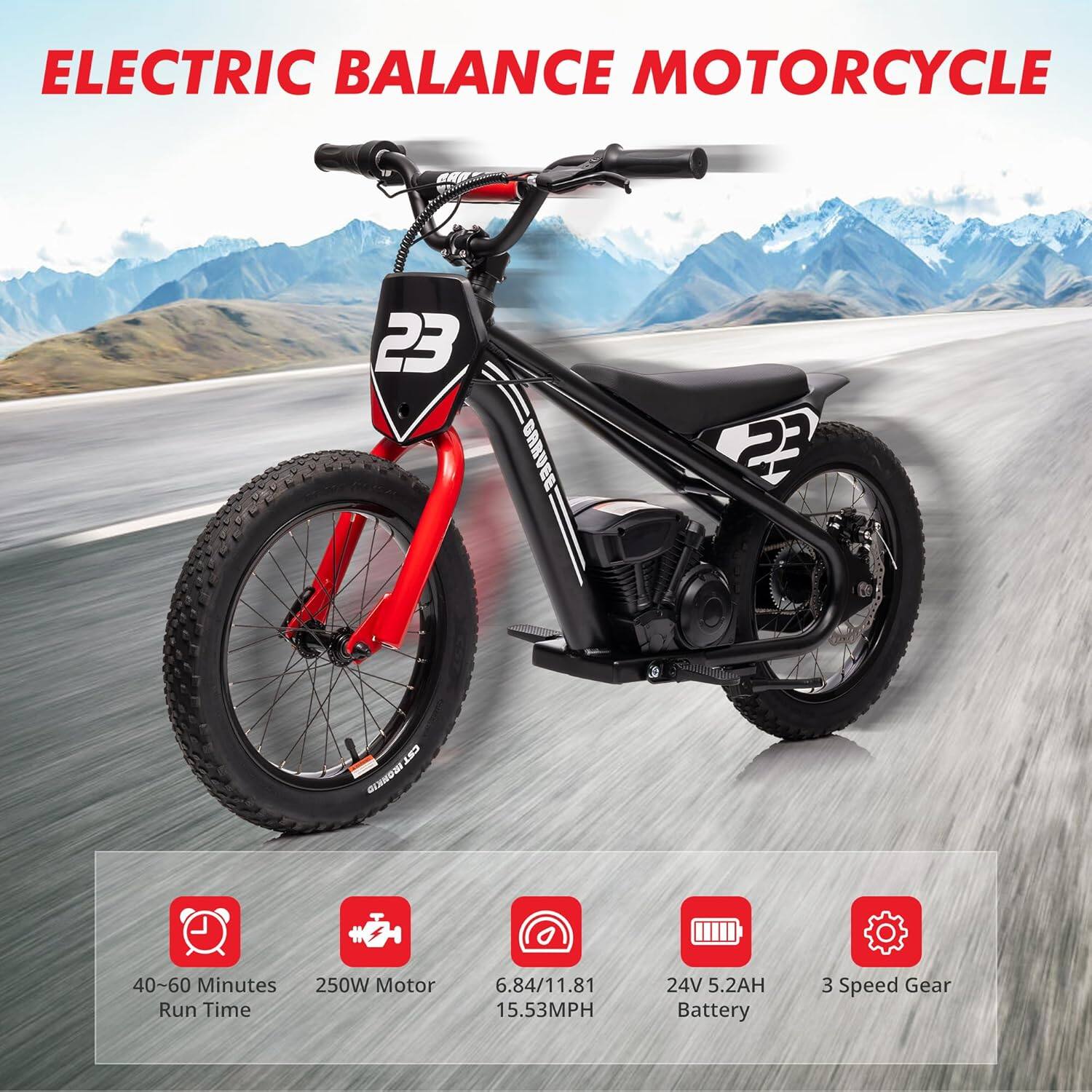 ELECTRIC BALANCE MOTORCYCLE

- 40-60 Minutes Run Time
- 250W Motor
- 6.84/11.81 15.53MPH
- 24V 5.2AH Battery
- 3 Speed Gear