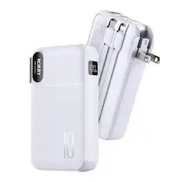 RORRY - 10000mAh 3-in-1 Portable Charger, 22.9W Power Bank with Wall Plug, Built-in Cables, LCD, for iPhone & Android - Purple
