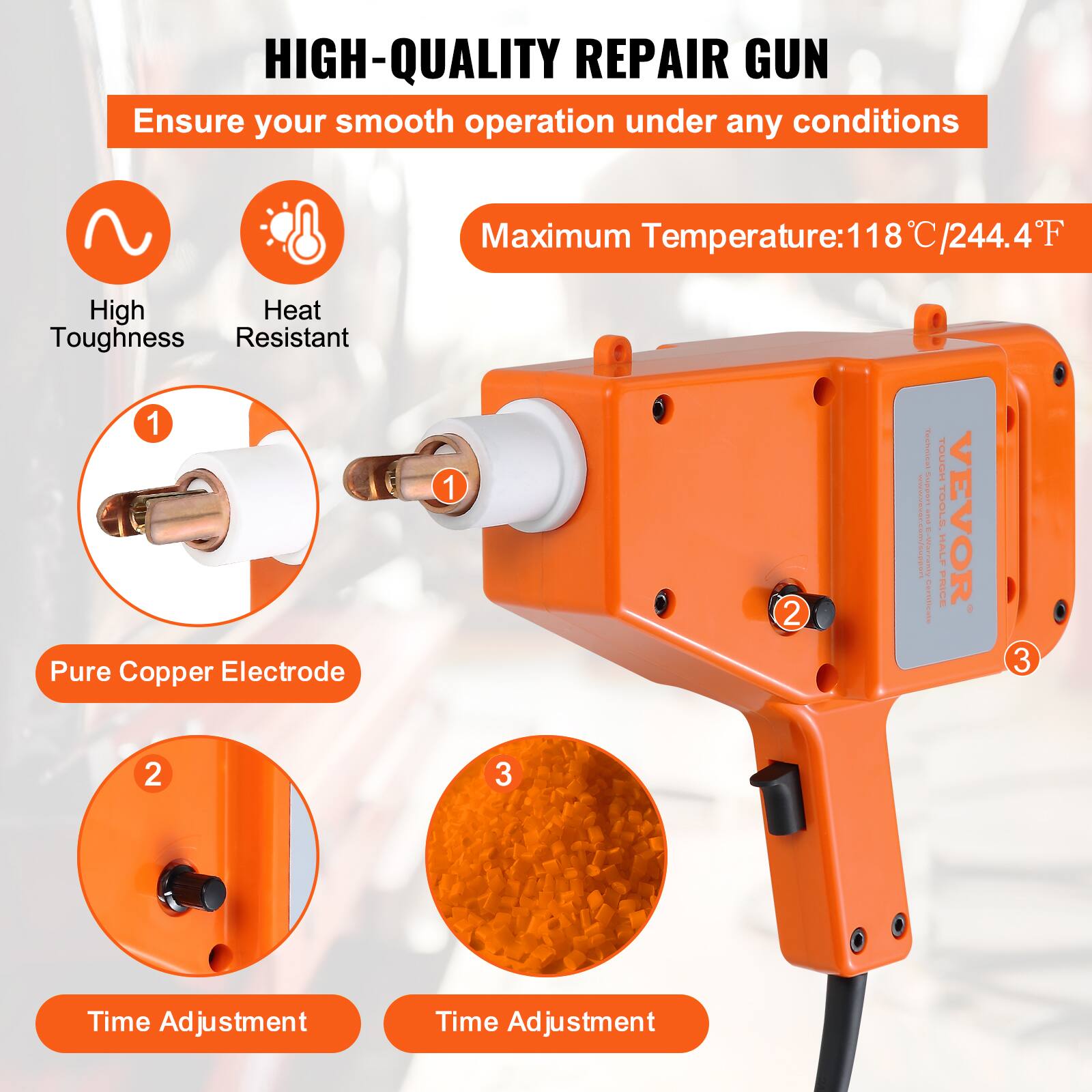 HIGH-QUALITY REPAIR GUN

Ensure your smooth operation under any conditions

Maximum Temperature: 118°C / 244.4°F

- High Toughness
- Heat Resistant

1. Pure Copper Electrode
2. Time Adjustment
3. Time Adjustment