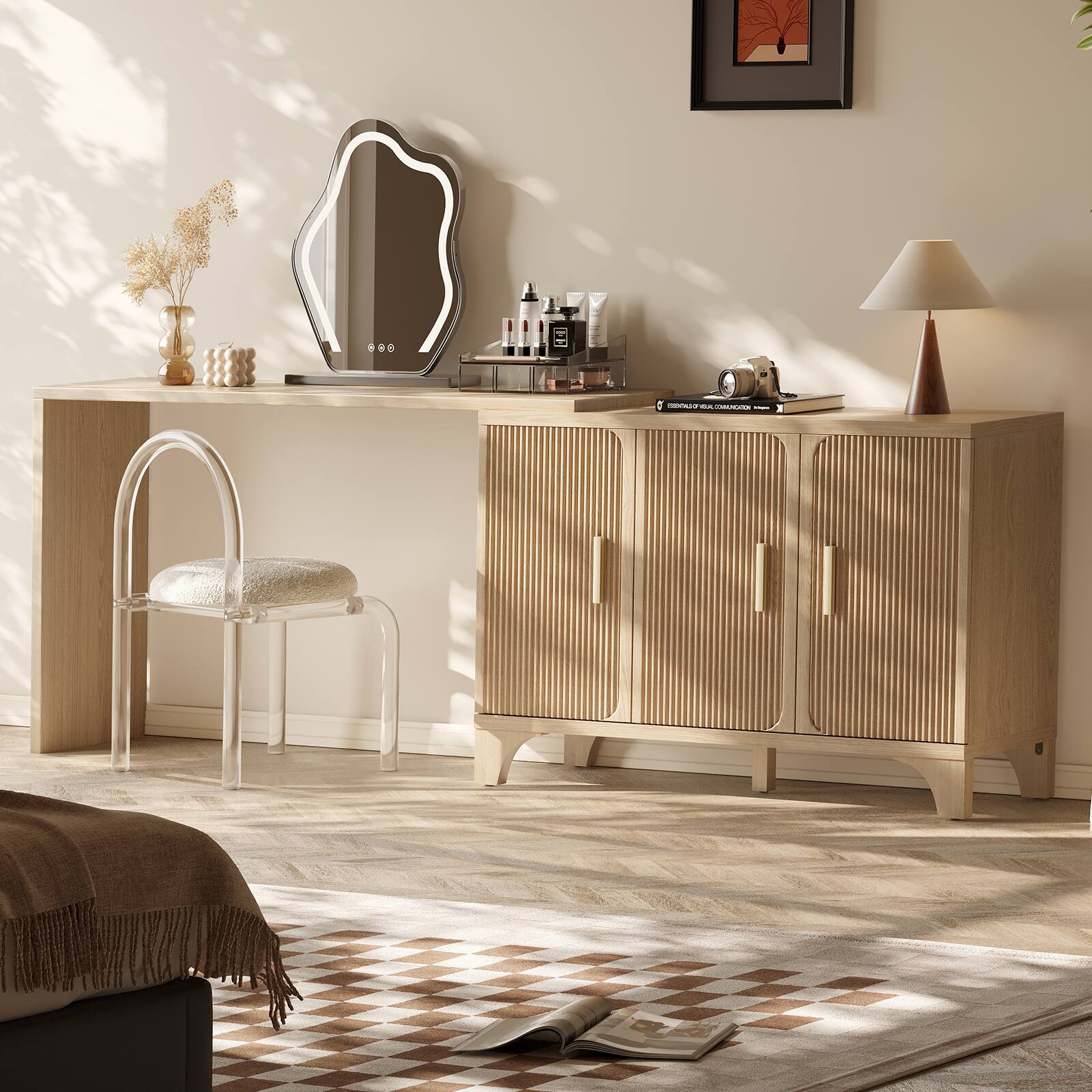 Alt View 2. Sugift - 47" Oak Mid Century Modern Fluted Buffet Cabinet with Storage Accent Sideboard Credenza Coffee Bar Console - Natural.