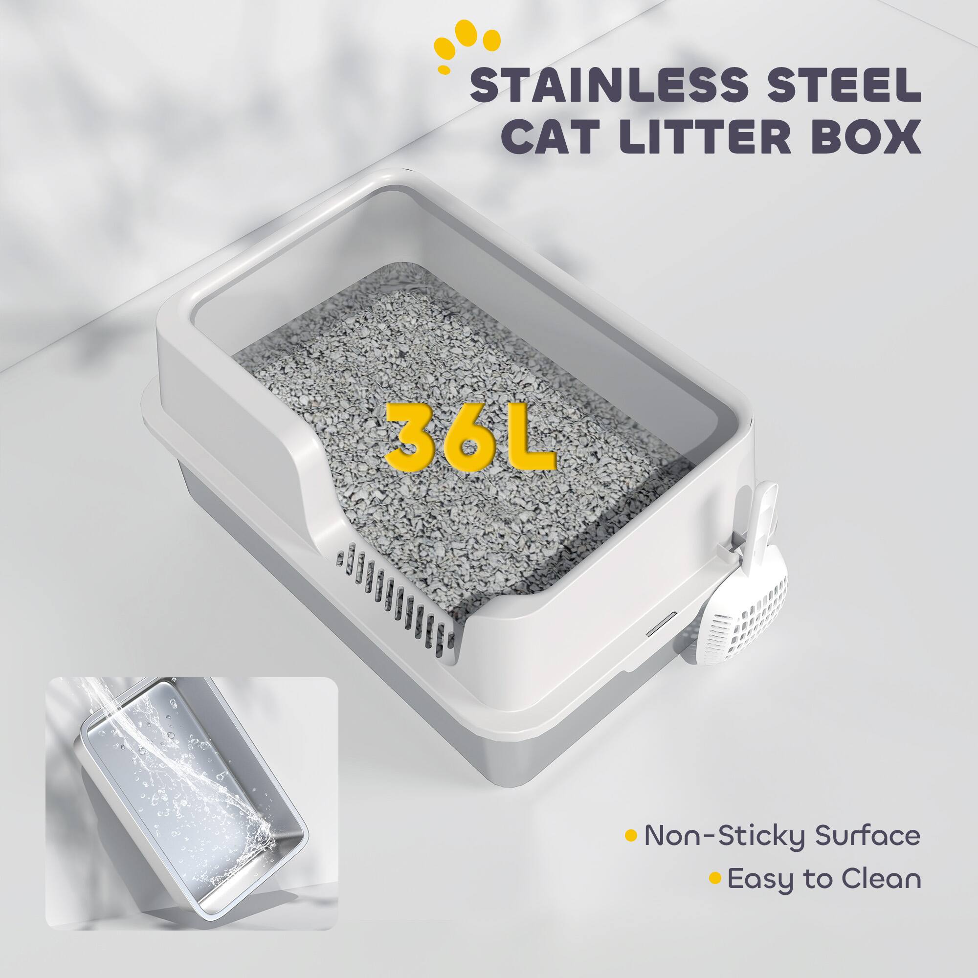 STAINLESS STEEL CAT LITTER BOX

36L

- Non-Sticky Surface
- Easy to Clean