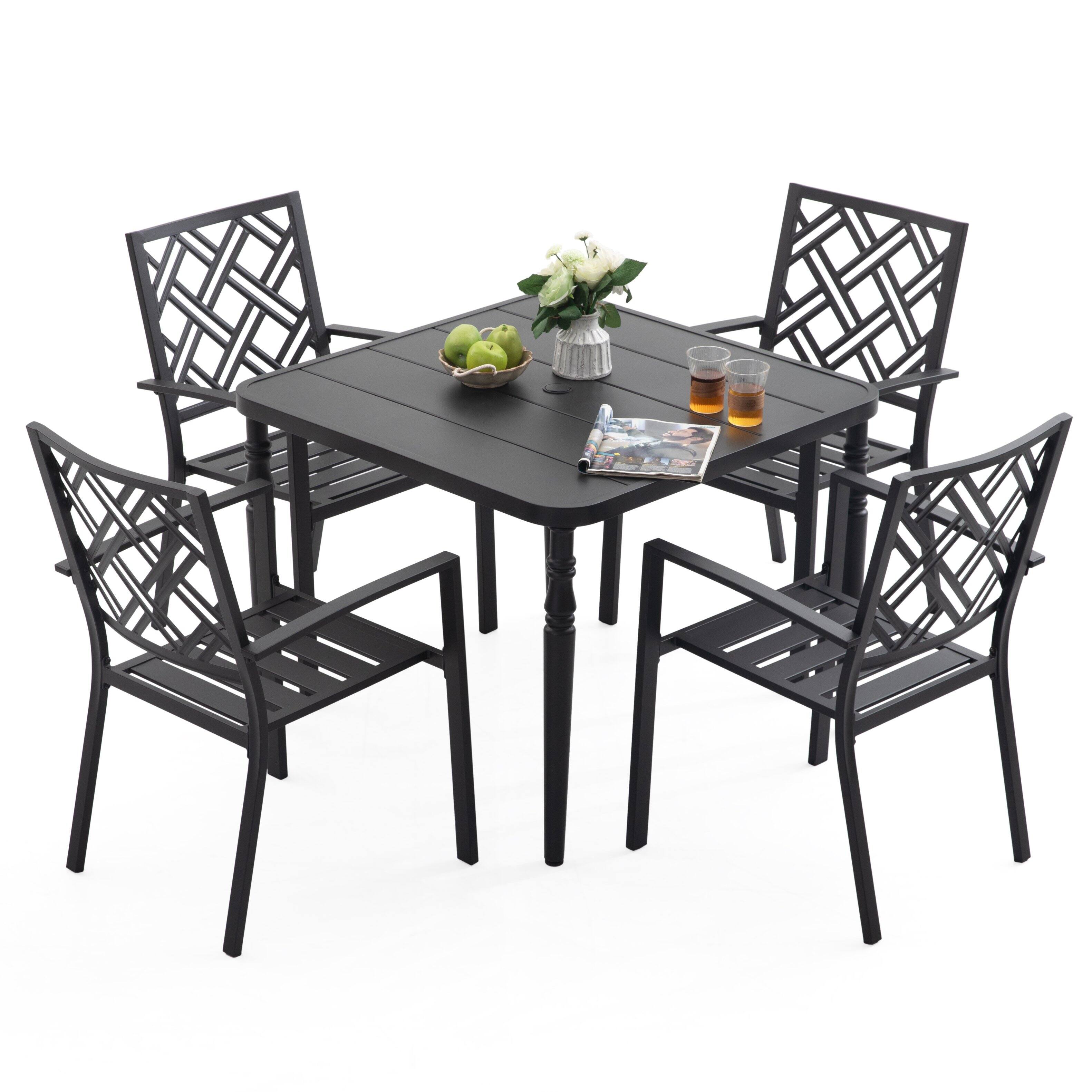 Nuu Garden - 5-Piece Metal Patio Dining Set with Umbrella Hole and 4 Stackable Chairs - Black