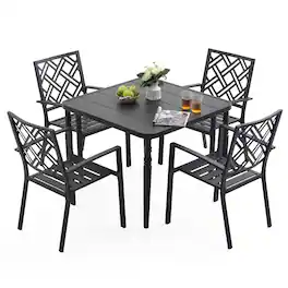 Nuu Garden - 5-Piece Metal Patio Dining Set with Umbrella Hole and 4 Stackable Chairs - Black
