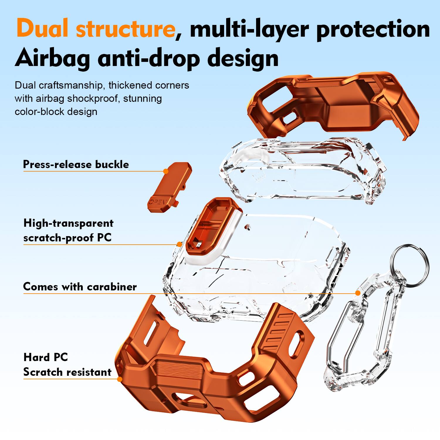 Dual structure, multi-layer protection Airbag anti-drop design  
Dual craftsmanship, thickened corners with airbag shockproof, stunning color-block design  
Press-release buckle  
High-transparent scratch-proof PC  
Comes with carabiner  
Hard PC Scratch resistant