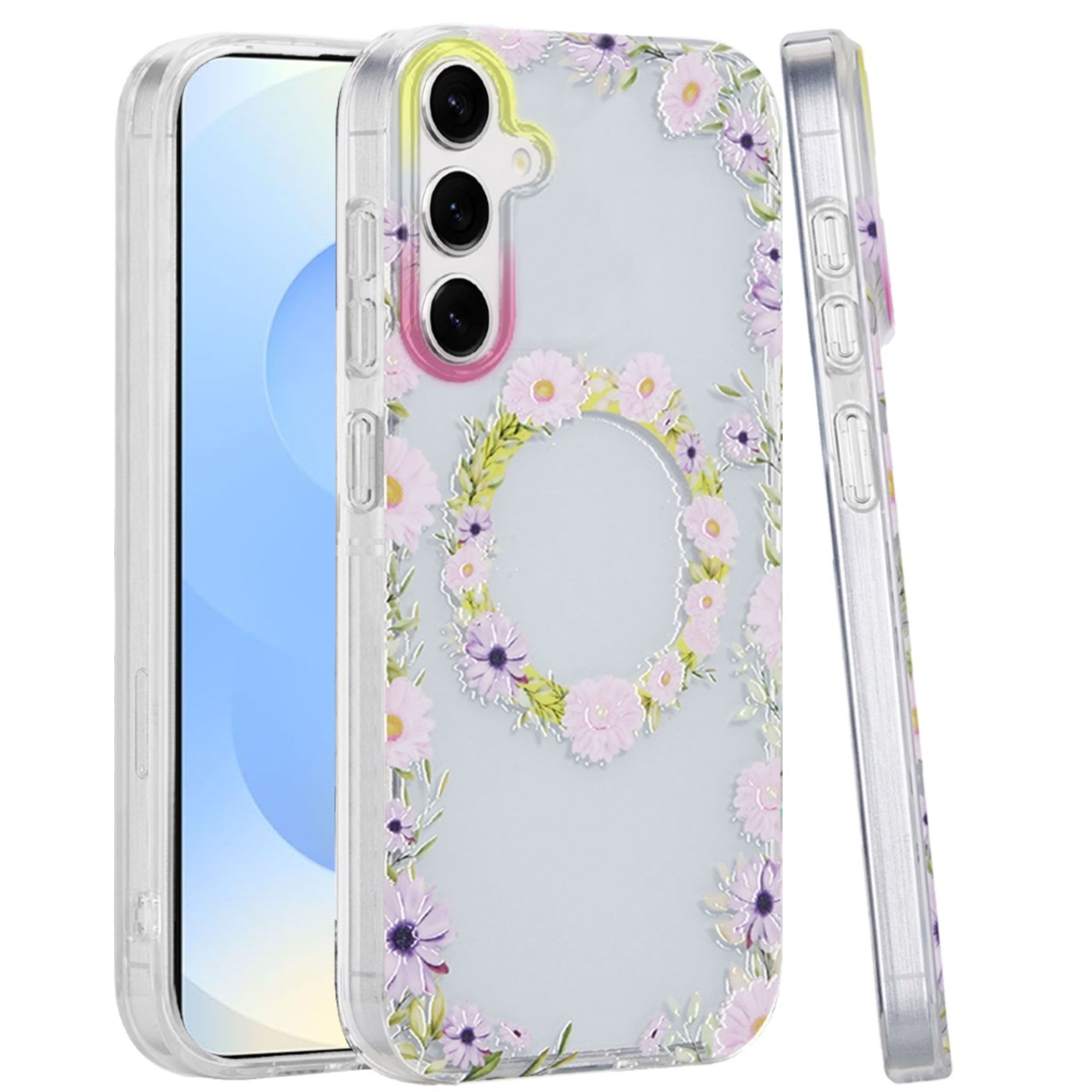 Kitcheniva - Dual-Layer Magnetic Case With Tempered Glass For Samsung S24/S25 Yellow/Purple Floral - Multicolor