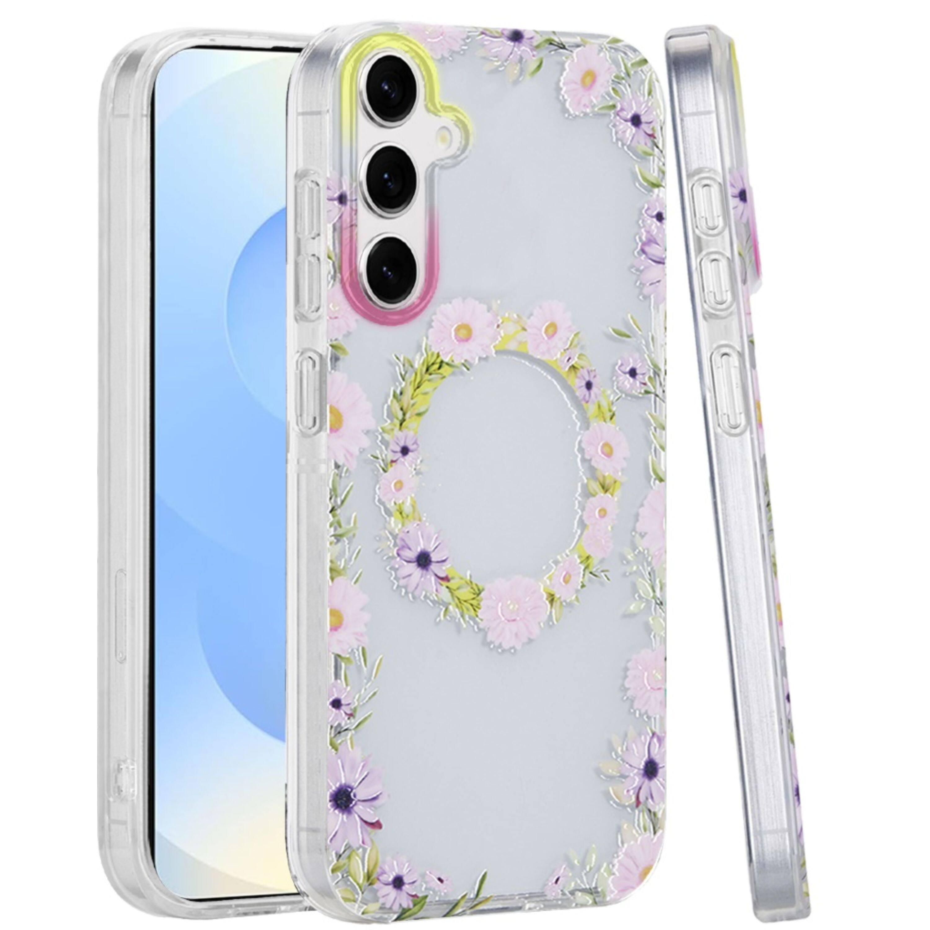 Front. Kitcheniva - Dual-Layer Magnetic Case With Tempered Glass For Samsung S24/S25 Yellow/Purple Floral - Multicolor.