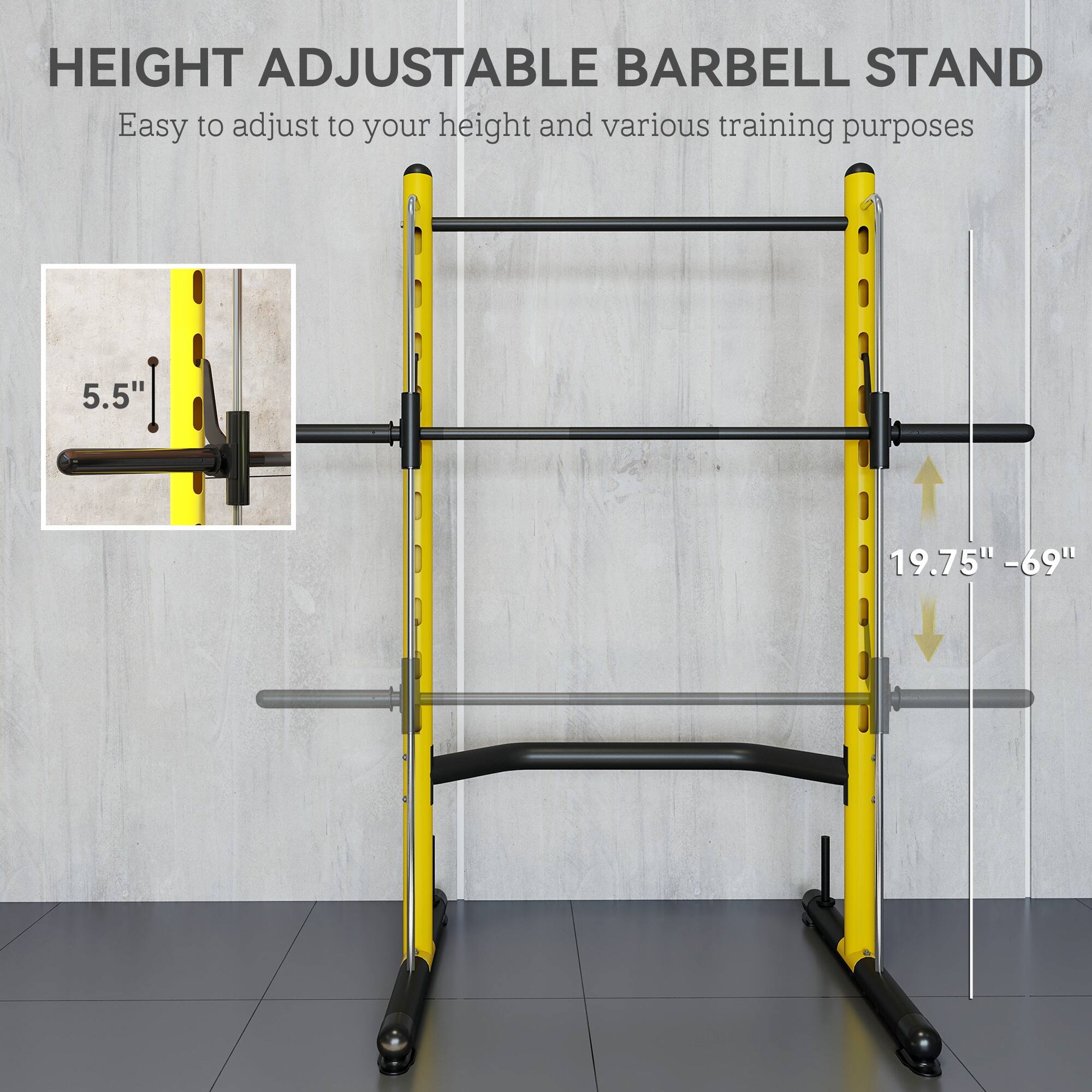 HEIGHT ADJUSTABLE BARBELL STAND  
Easy to adjust to your height and various training purposes  

5.5"  
19.75" - 69"