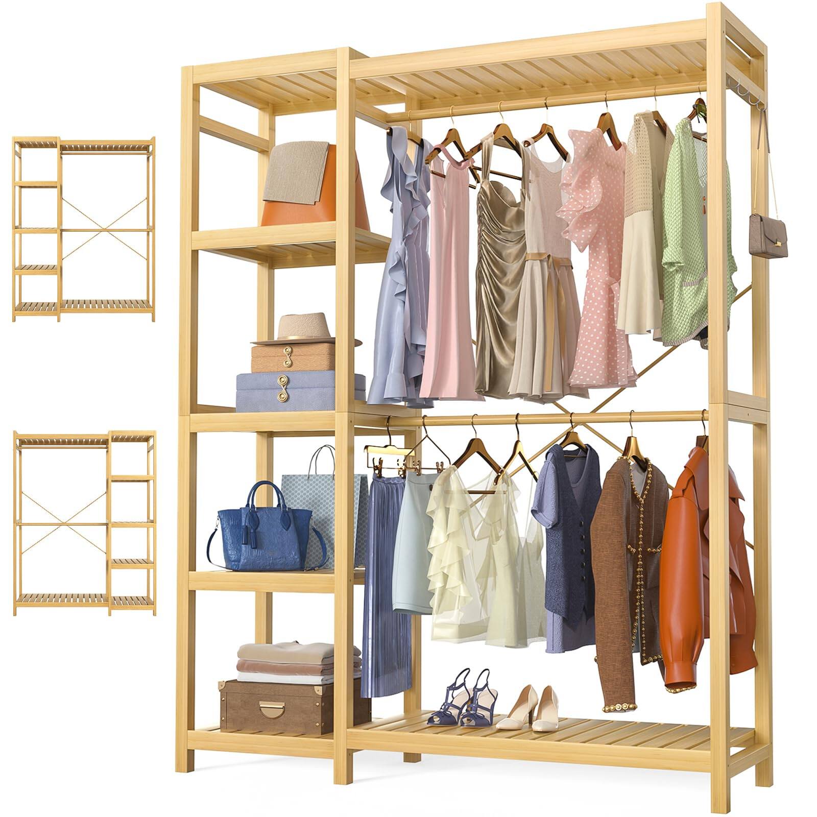 Angle. Aheaplus - Heavy Duty Bamboo Garment Rack: Double Rods, 7 Adjustable Shelves, 4 Hooks - Freestanding Closet Organizer - Natural.