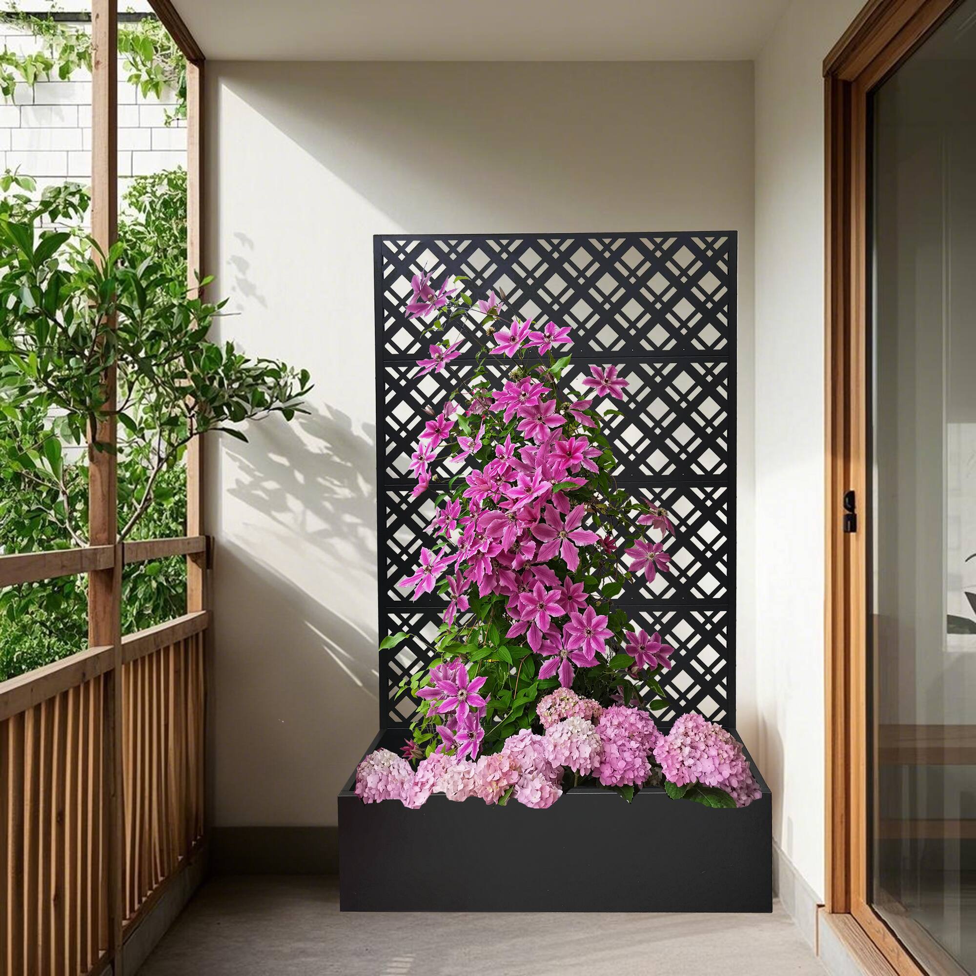 Angle. Loheer - Metal Raised Garden Bed with Trellis, 5.9 ft H Planter Box with Drainage for Patio Climbing Plants - Black.