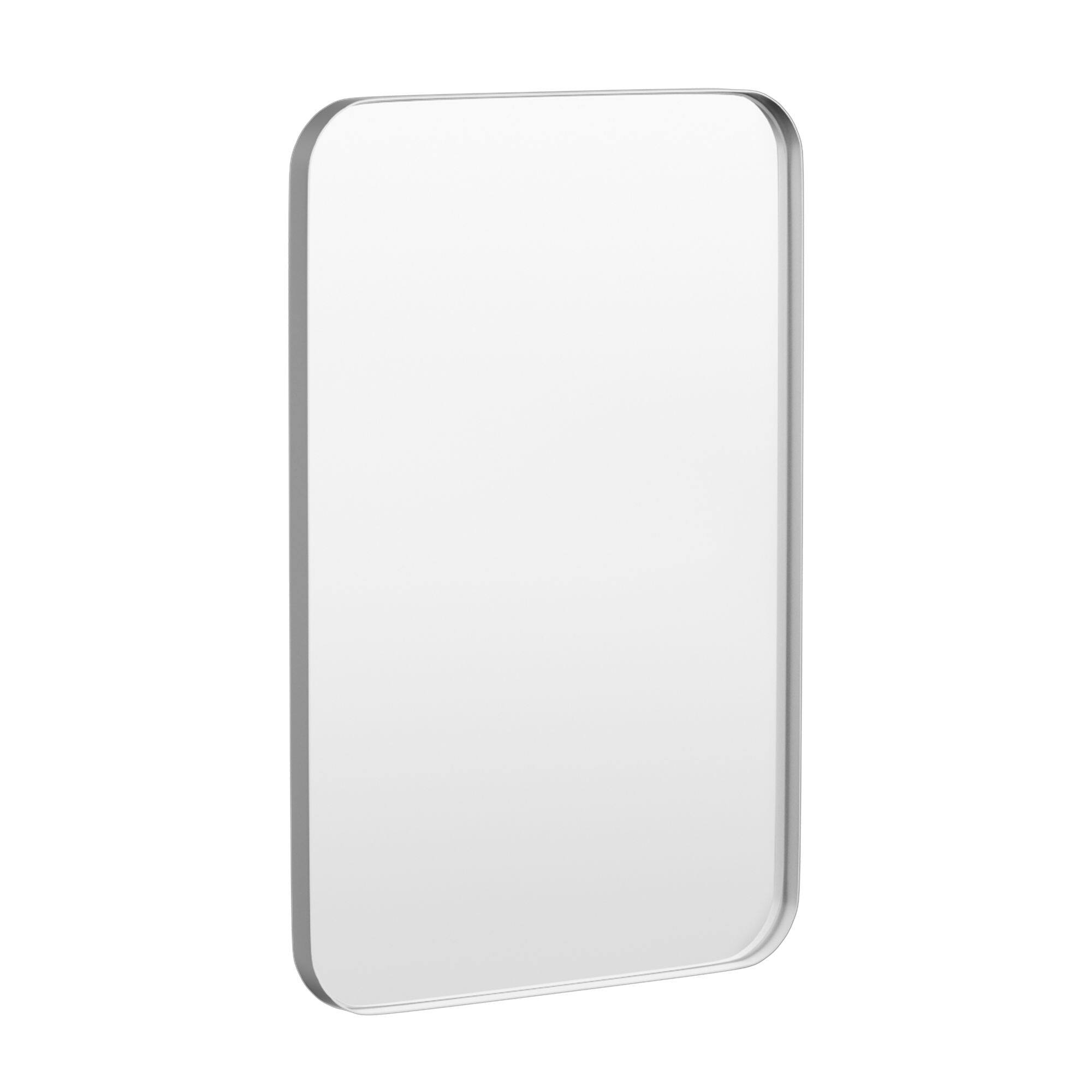 Angle. LOVMOR - Tempered Glass Rounded Rectangle Framed Wall-Mounted Bathroom Vanity Mirror - 24" x 36" - Silver.