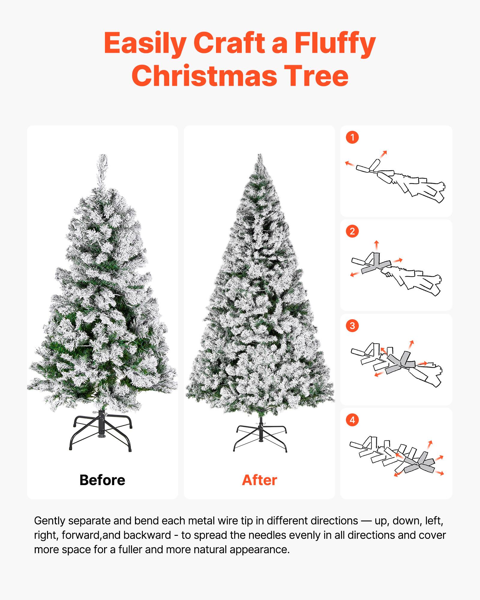 Easily Craft a Fluffy Christmas Tree

Before After

Gently separate and bend each metal wire tip in different directions — up, down, left, right, forward, and backward — to spread the needles evenly in all directions and cover more space for a fuller and more natural appearance.