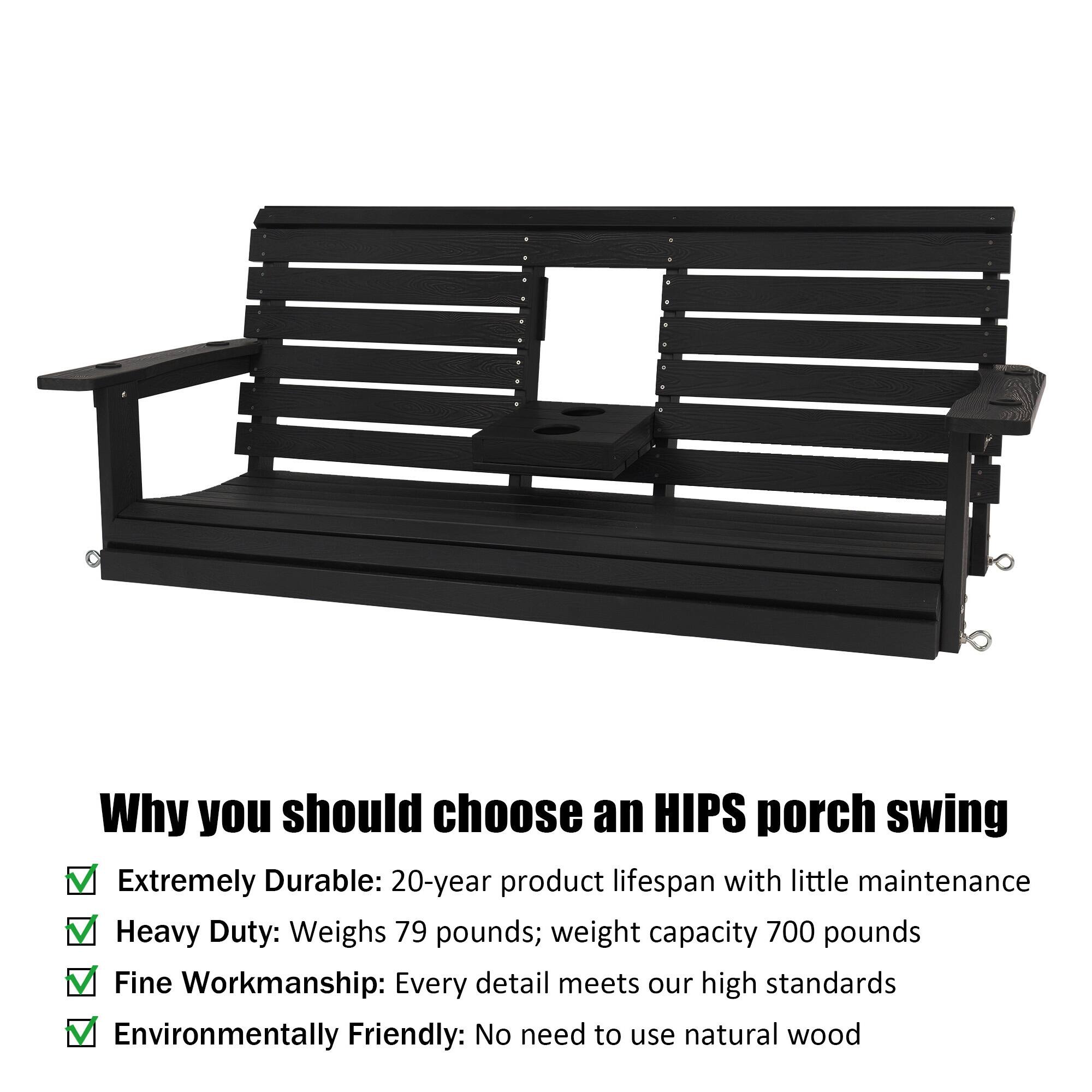 Why you should choose an HIPS porch swing

- Extremely Durable: 20-year product lifespan with little maintenance
- Heavy Duty: Weighs 79 pounds; weight capacity 700 pounds
- Fine Workmanship: Every detail meets our high standards
- Environmentally Friendly: No need to use natural wood