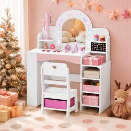 Costway - Kids Vanity Desk with Mirror and Lights Princess Pretend Play Makeup Table - White