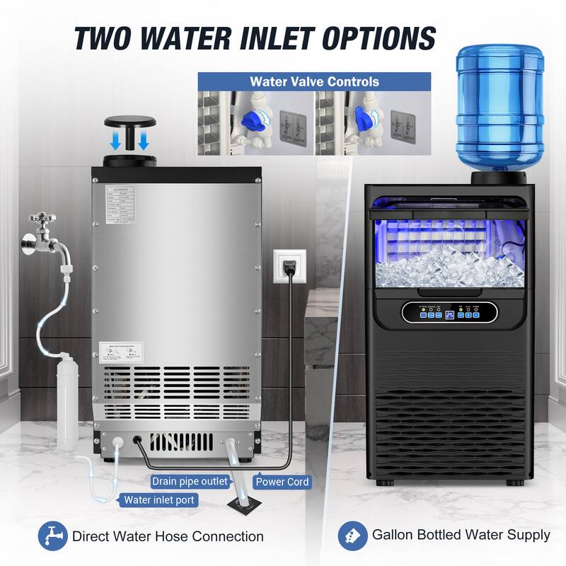 TWO WATER INLET OPTIONS

Water Valve Controls

- Direct Water Hose Connection
- Drain pipe outlet
- Water inlet port
- Power Cord

Gallon Bottled Water Supply