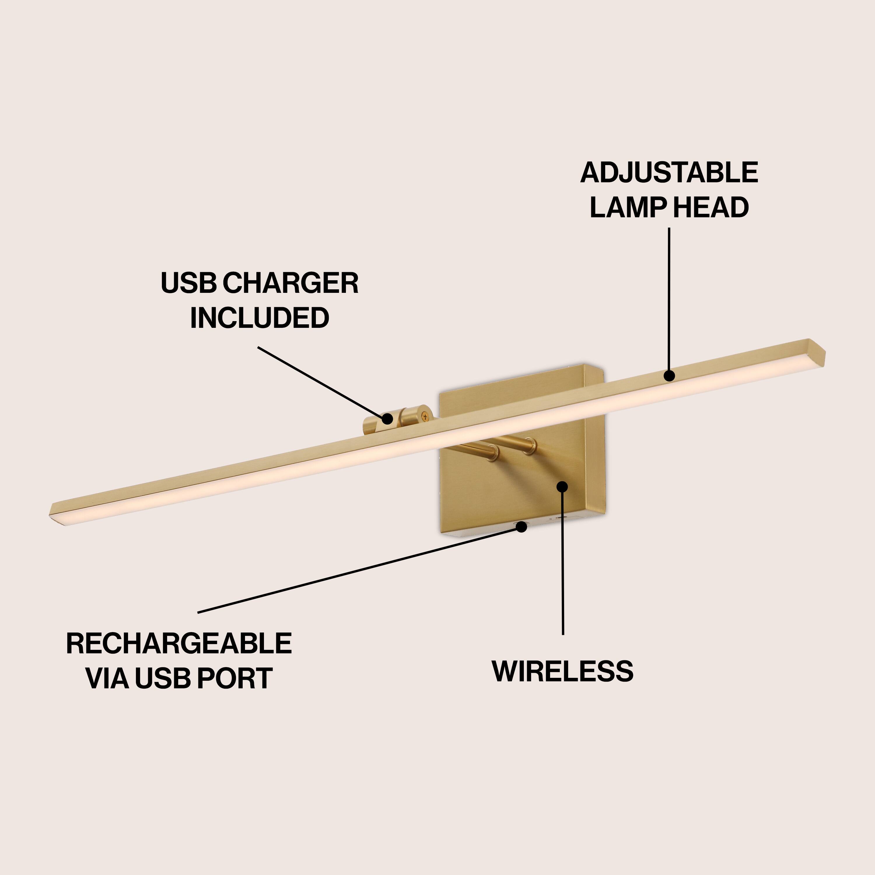 ADJUSTABLE LAMP HEAD  
USB CHARGER INCLUDED  
RECHARGEABLE VIA USB PORT  
WIRELESS