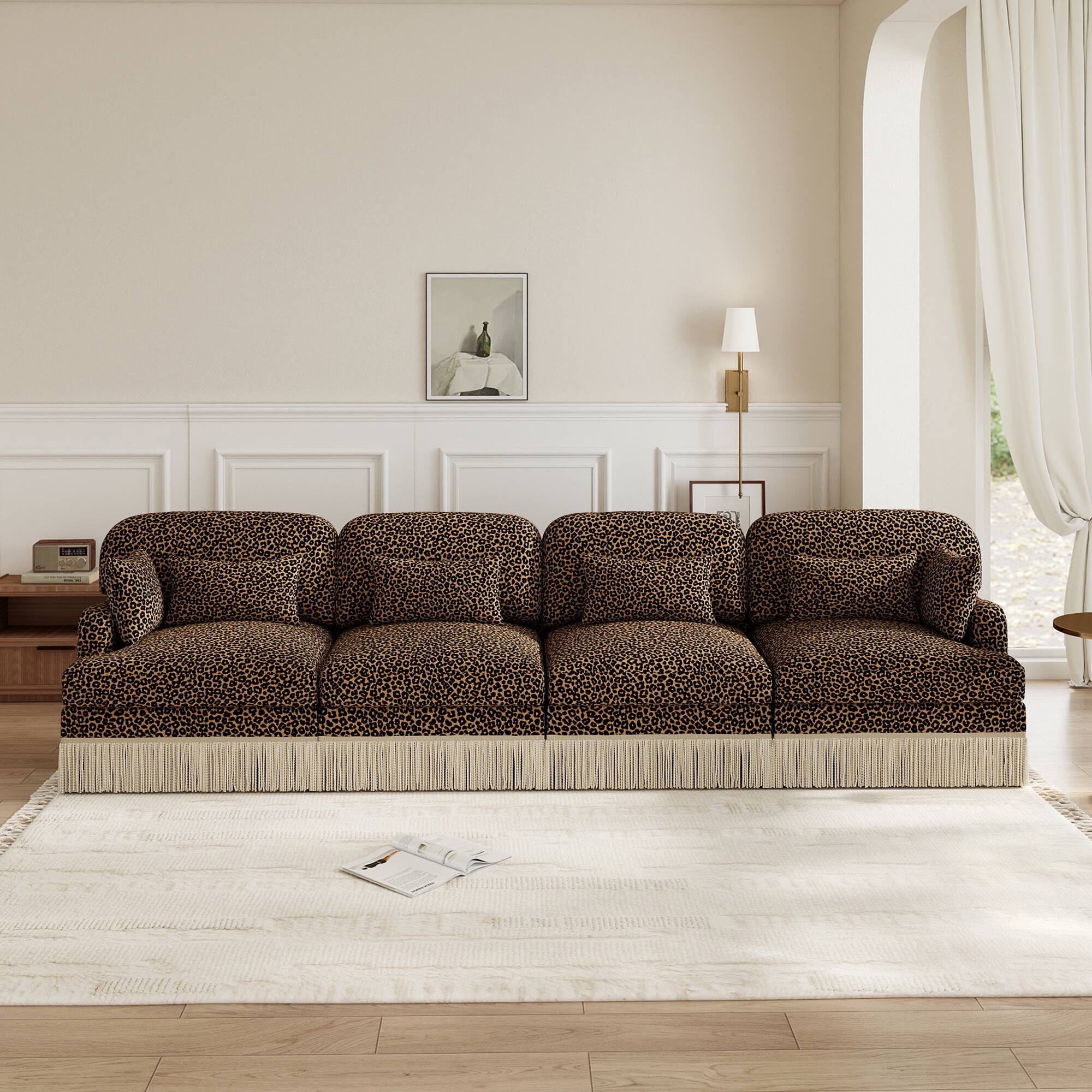 Angle. Anysun - 131" Leopard Print Chenille 4-Seater Modular Sofa, Tassel Edge, Ergonomic Deep Seat, Easy Assembly Couch for Living Room - Brown.