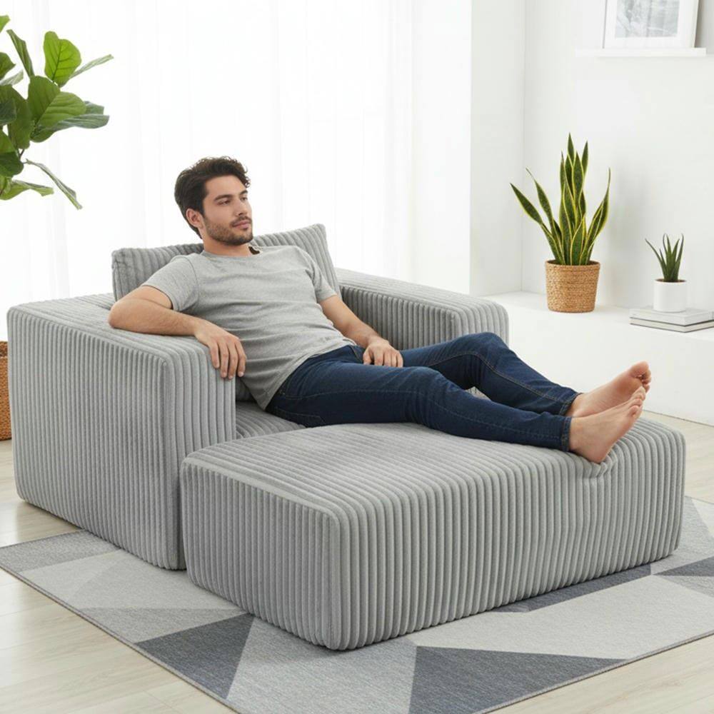 Left. Kadyn - Oversized All-Foam Lounge Chair with Ottoman, Modular Corduroy, No-Tool Assembly, Gray - Gray.