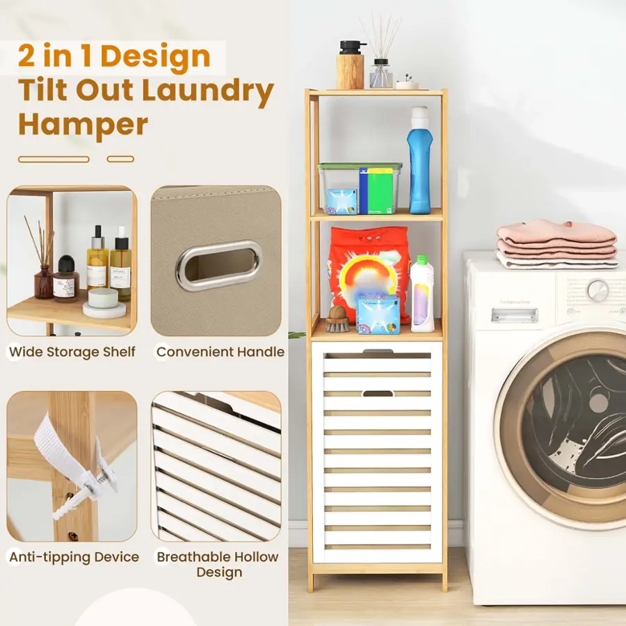 2 in 1 Design Tilt Out Laundry Hamper: Wide Storage Shelf, Convenient Handle, Anti-tipping Device, Breathable Hollow Design.