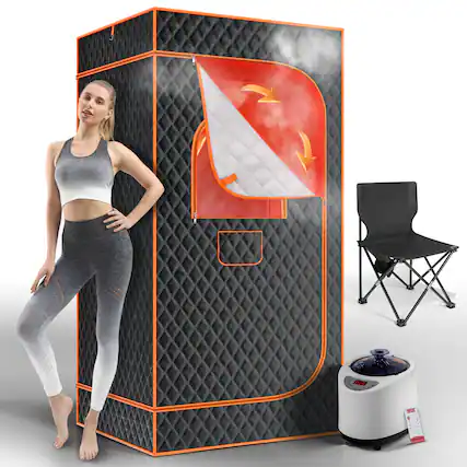 Front. KERDOM - Portable Home Sauna Box Kit: Steamer, Remote Control, Timer, Folding Chair, Foot Mat, Waterproof Sauna Tent, Home Spa - Orange.