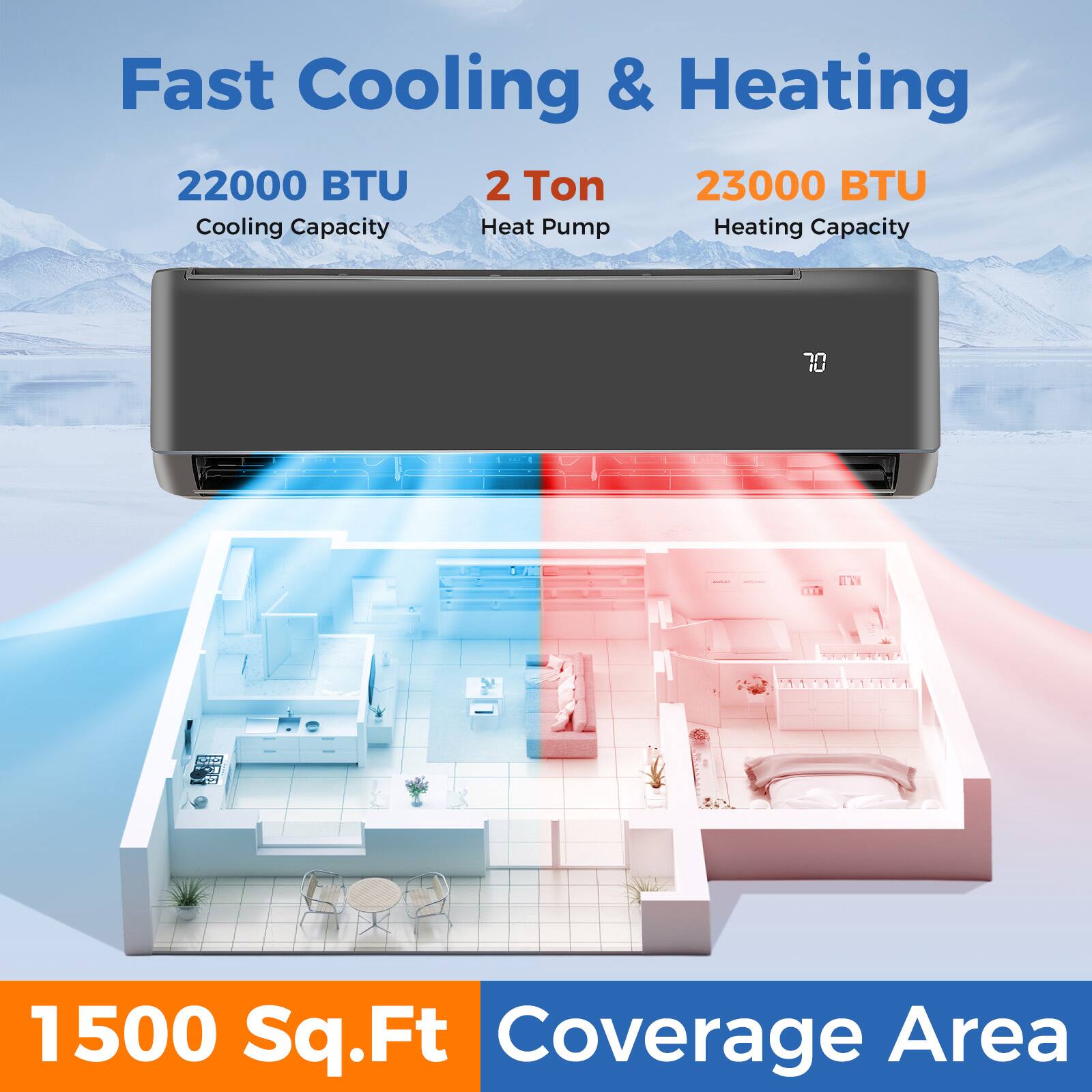 Fast Cooling & Heating, 22000 BTU, 2 Ton, 23000 BTU, Cooling Capacity, Heat Pump, Heating Capacity, 1500 Sq.Ft Coverage Area