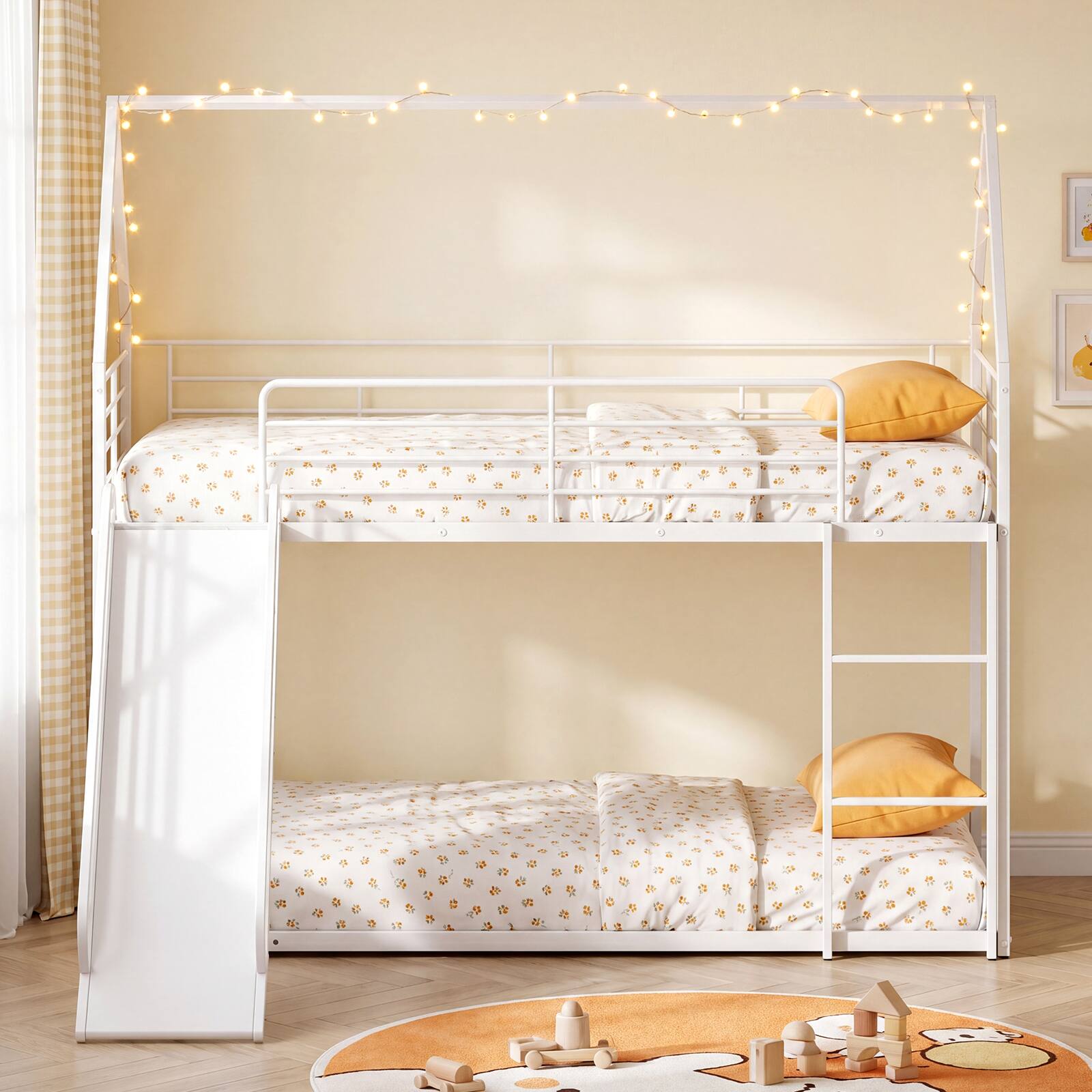 Alt View 3. Costway - Costway Twin Over Twin Low Bunk Bed House-shaped Metal Bunk Bed Frame with Safety Guardrail - White.