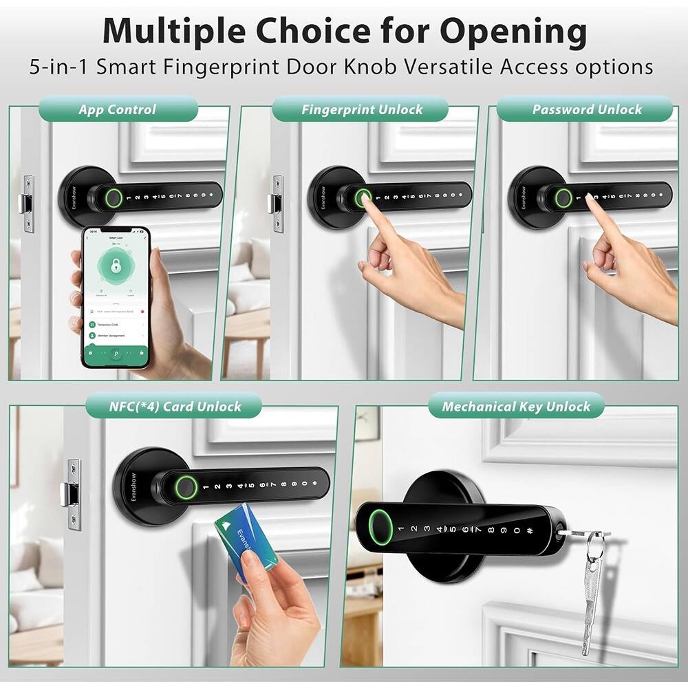 Multiple Choice for Opening  
5-in-1 Smart Fingerprint Door Knob Versatile Access options  

- App Control  
- Fingerprint Unlock  
- Password Unlock  
- NFC(*4) Card Unlock  
- Mechanical Key Unlock