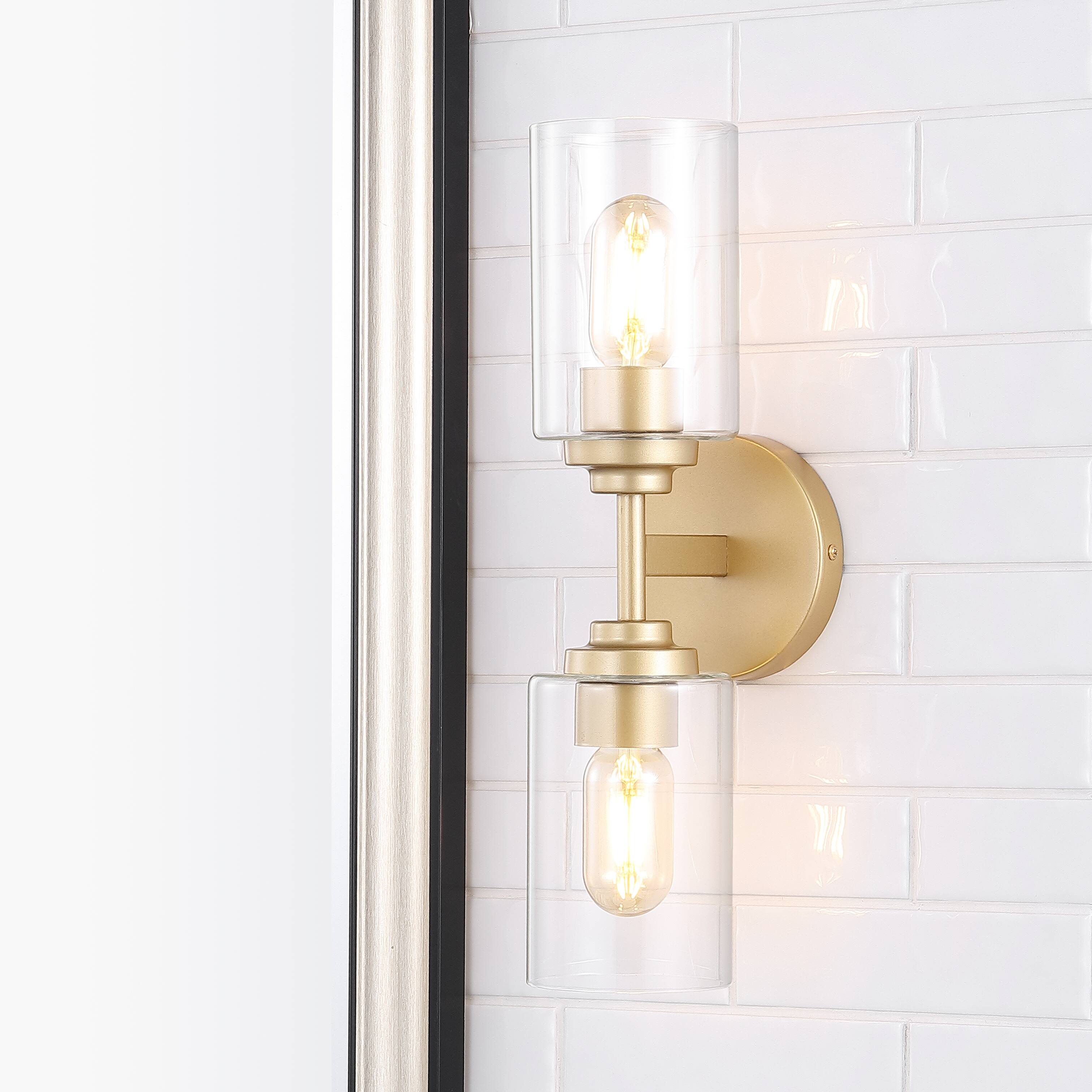 Alt View 7. Jonathan Y - Giles 16" 2-Light Farmhouse Industrial Iron Cylinder LED Sconce, Brass Gold/Clear - Brass Gold.