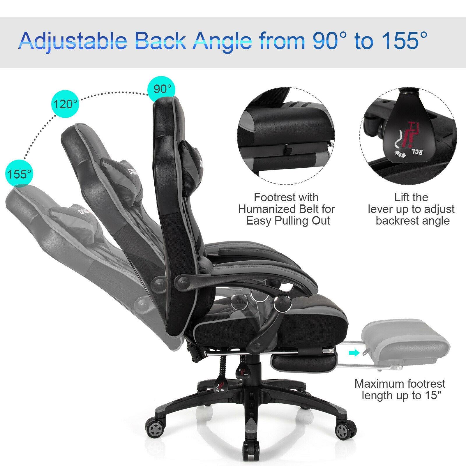 Adjustable Back Angle from 90° to 155°

120°
90°
155°

Footrest with Humanized Belt for Easy Pulling Out

Lift the lever up to adjust backrest angle

Maximum footrest length up to 15"