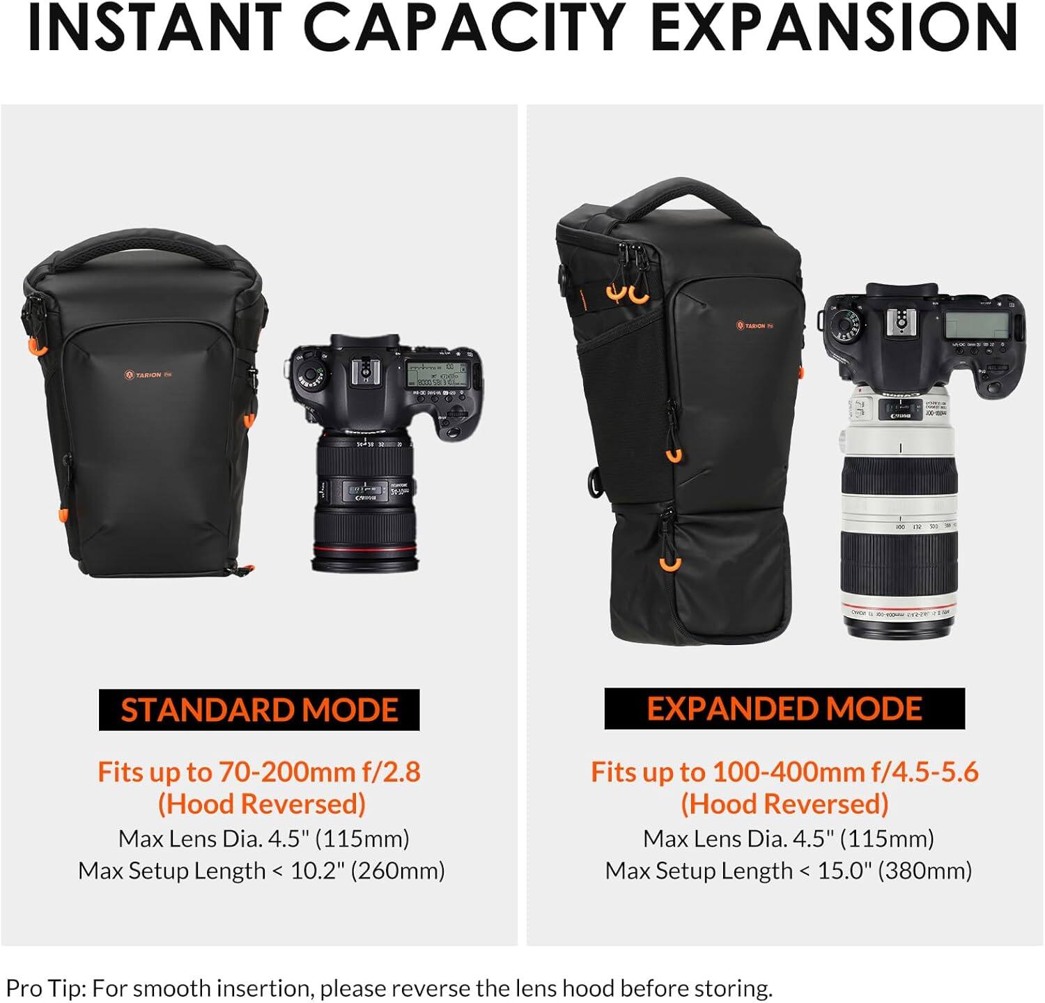 INSTANT CAPACITY EXPANSION

STANDARD MODE
Fits up to 70-200mm f/2.8 (Hood Reversed)
Max Lens Dia. 4.5" (115mm)
Max Setup Length < 10.2" (260mm)

EXPANDED MODE
Fits up to 100-400mm f/4.5-5.6 (Hood Reversed)
Max Lens Dia. 4.5" (115mm)
Max Setup Length < 15.0" (380mm)

Pro Tip: For smooth insertion, please reverse the lens hood before storing.