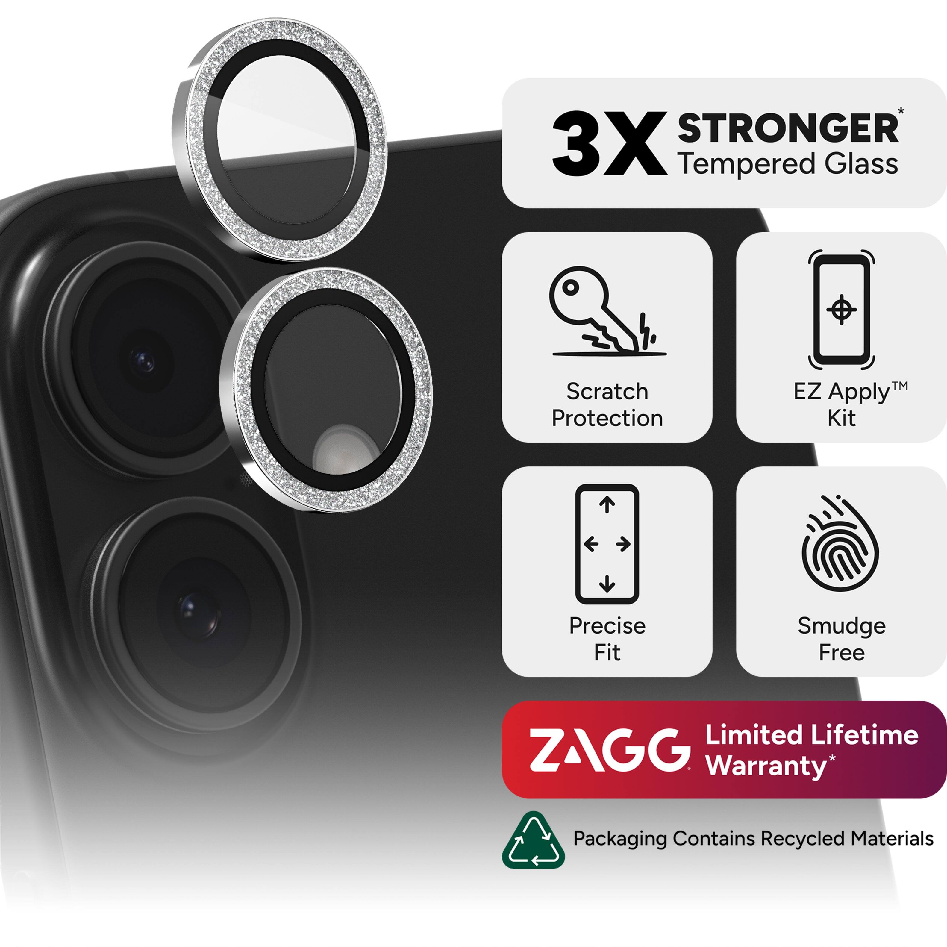 The image features a close-up of a cell phone with a 3X stronger tempered glass screen protector. The product is advertised as having scratch protection, a precise fit, and a smudge-free finish. The packaging contains recycled materials and comes with a limited lifetime ZAGG warranty.