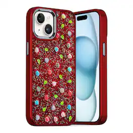 Kitcheniva - Tiny Roses Glitter Design Phone Case With 2 Pcs Tempered Glass For iPhone 15 - Red