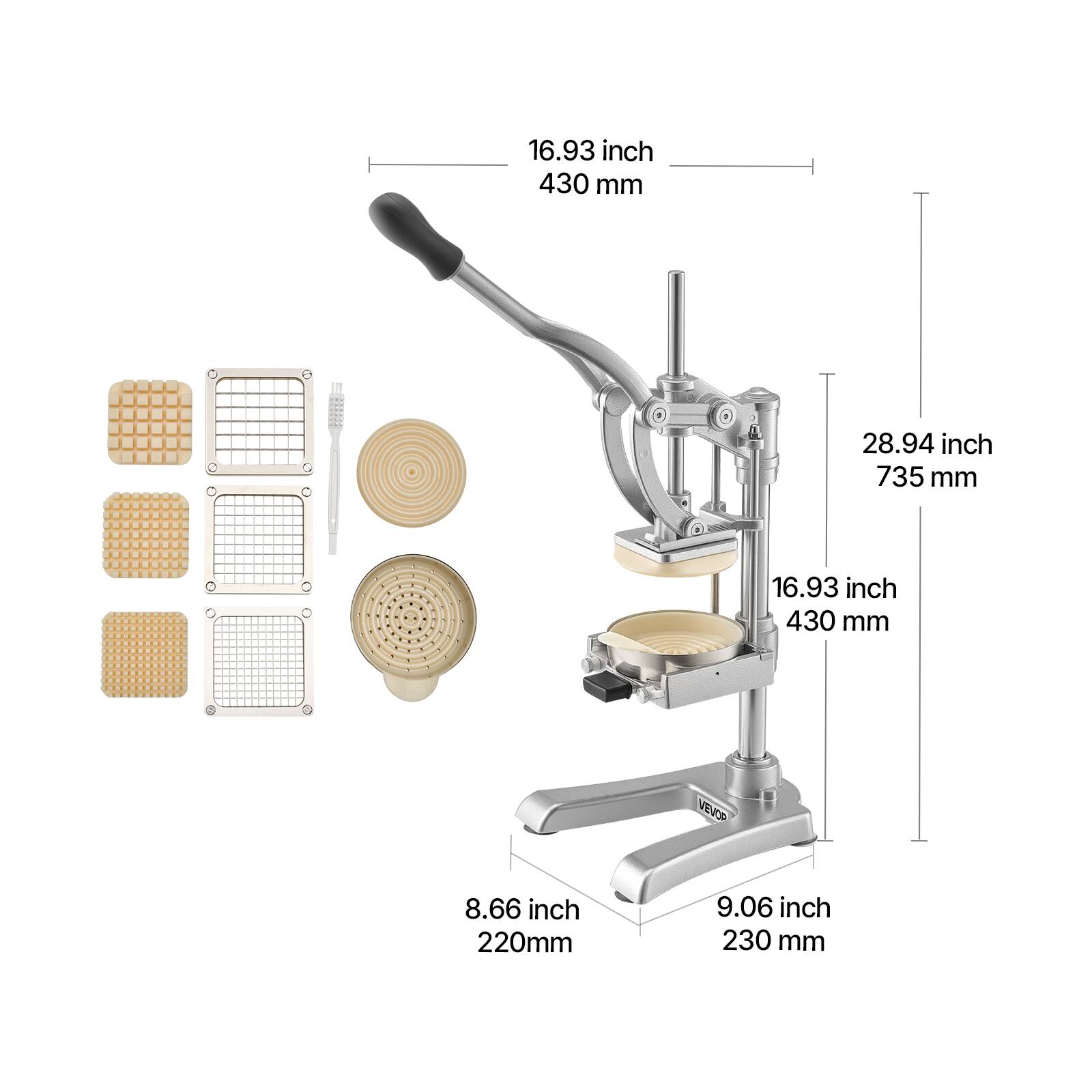 16.93 inch 430 mm  
28.94 inch 735 mm  
16.93 inch 430 mm  
8.66 inch 220 mm  
9.06 inch 230 mm